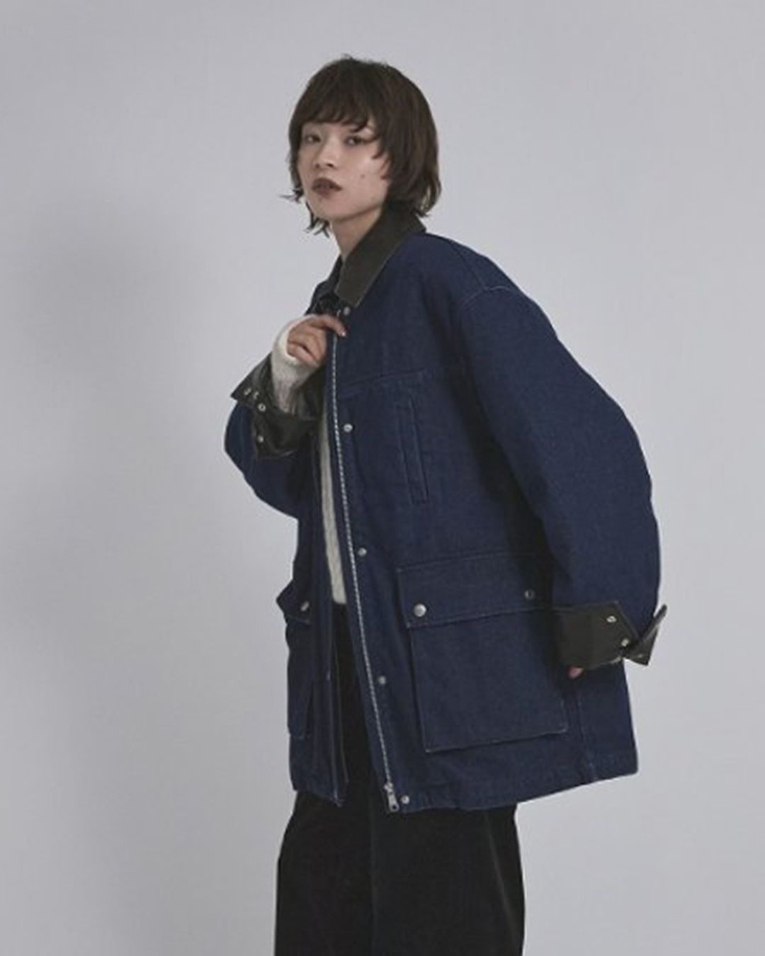 【先行予約】【26TH-02】フェイクレザーカラー カバーオール (ネイビー) Fake Leather Collar Coverall (Navy) /  エコファー  /  フェイクファー 【受注期間6/14 23:59まで】