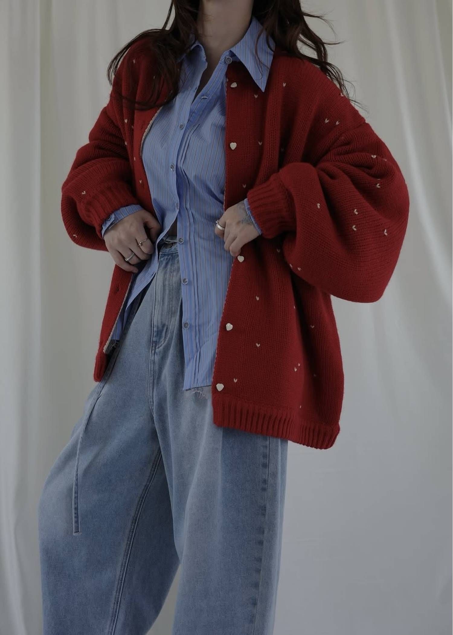 【ロング】ハートドット リバーシブルカーディガン (レッド×タン) long heart dot jacquard reversible knit cardigan (red×tan) /  26SS