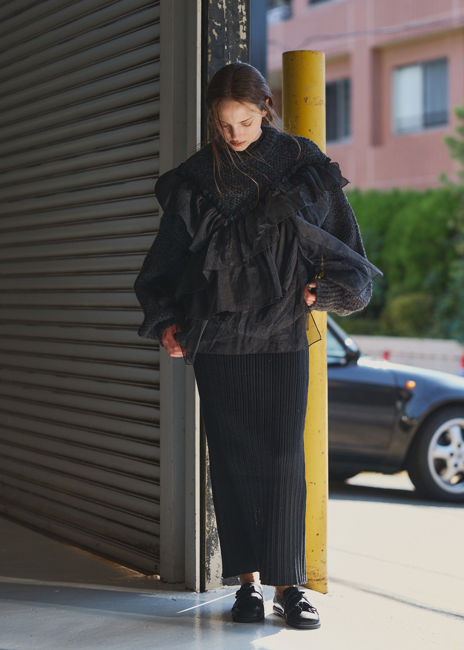 random frill placement volume sleeve knit / ランダムフリルニット (ブラック) / 25AW /