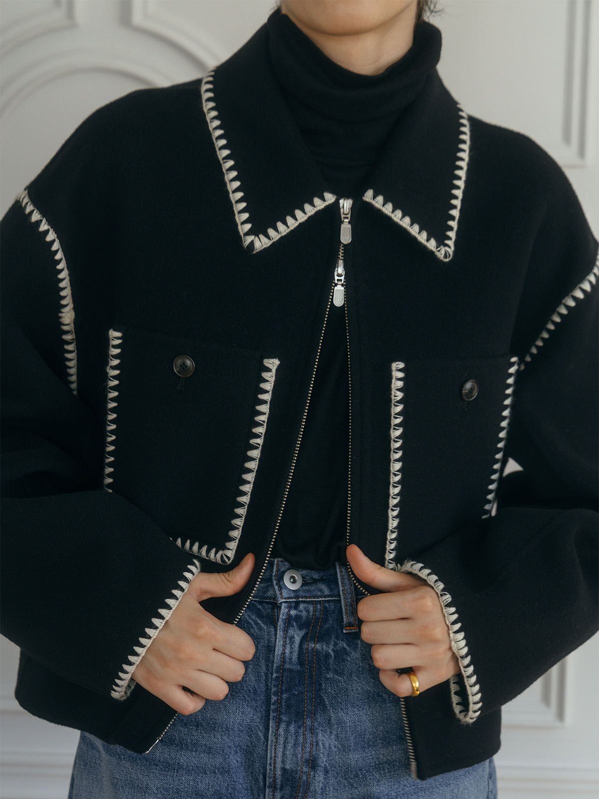 【25AW】WOOL EMBROIDERY SHORT ZIP JACKET / ウールエンブロイダリー  (ブラック)