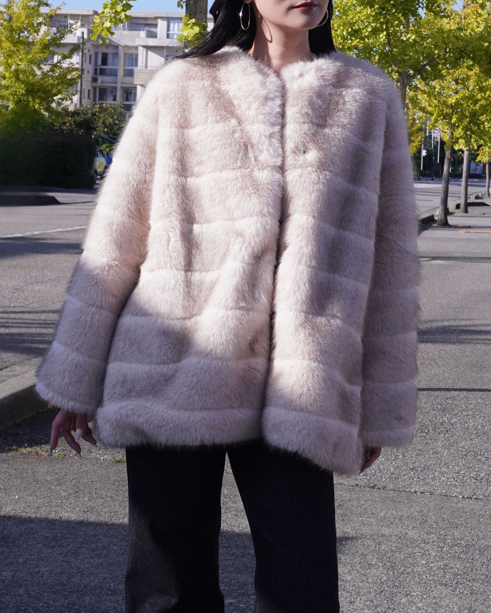 【25AW】Border Fur Coat (クリーム) / ボーダーファーコート / エコファー / フェイクファー