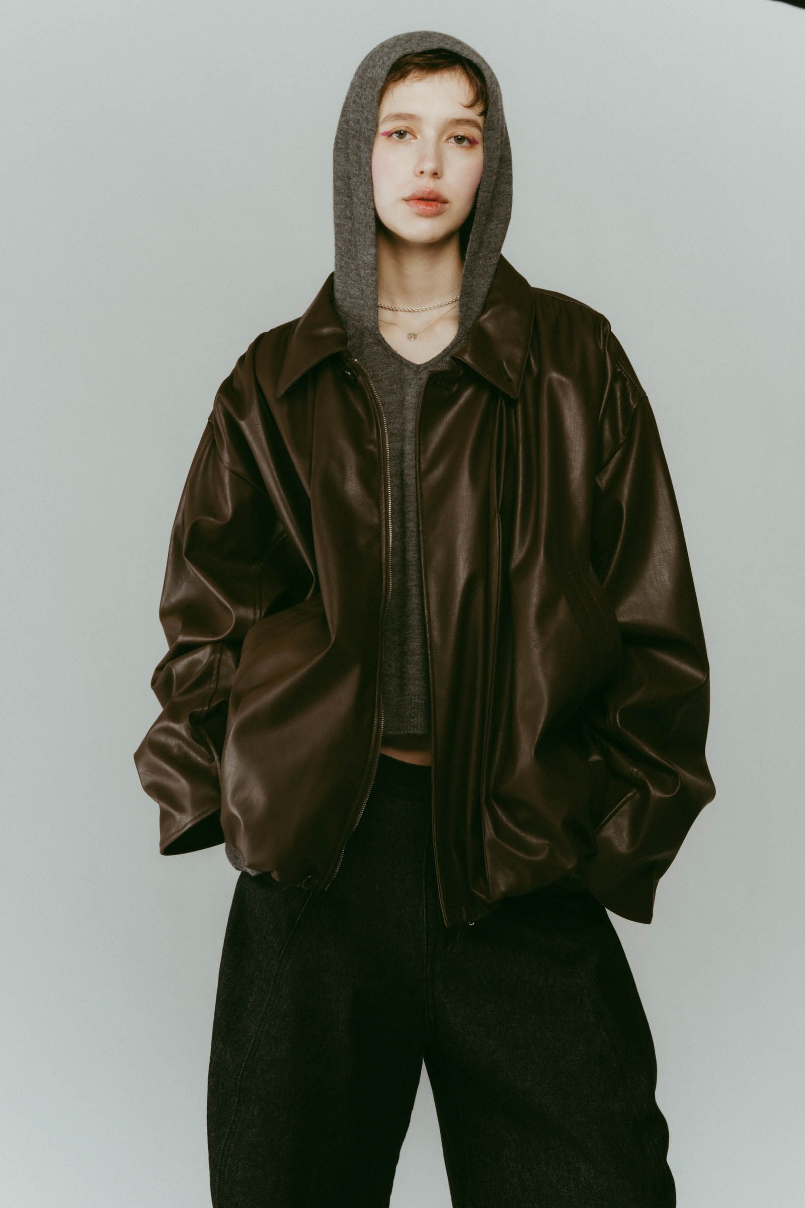 voluminous leather jacket(unisex) / ボリュームレザージャケットブルゾン (ブラウン) / 25AW