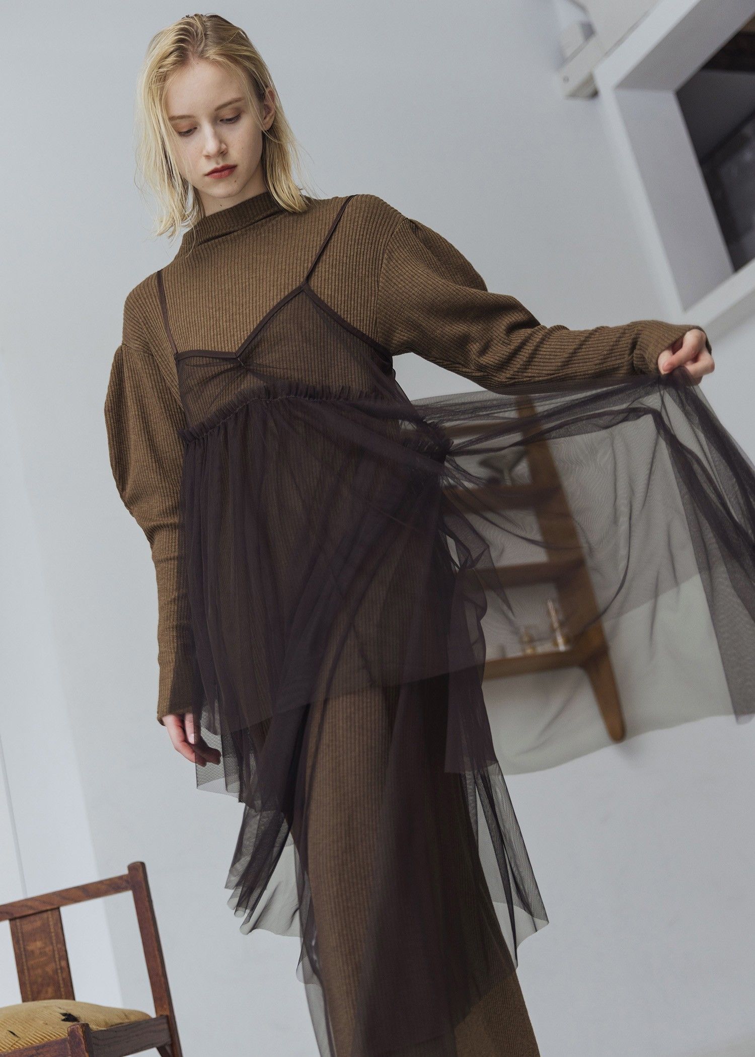 volume sleeve high neck rib OP / ハイネックリブワンピース (ブラウン) / 25AW /