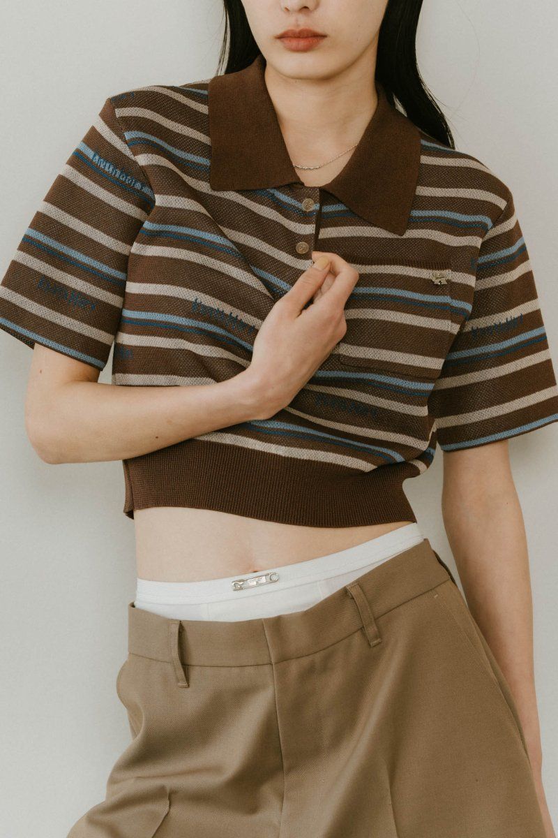 logo stripe polo knit / ロゴストライプ ニットポロシャツ ショート丈 (ブラウン) / 25SS