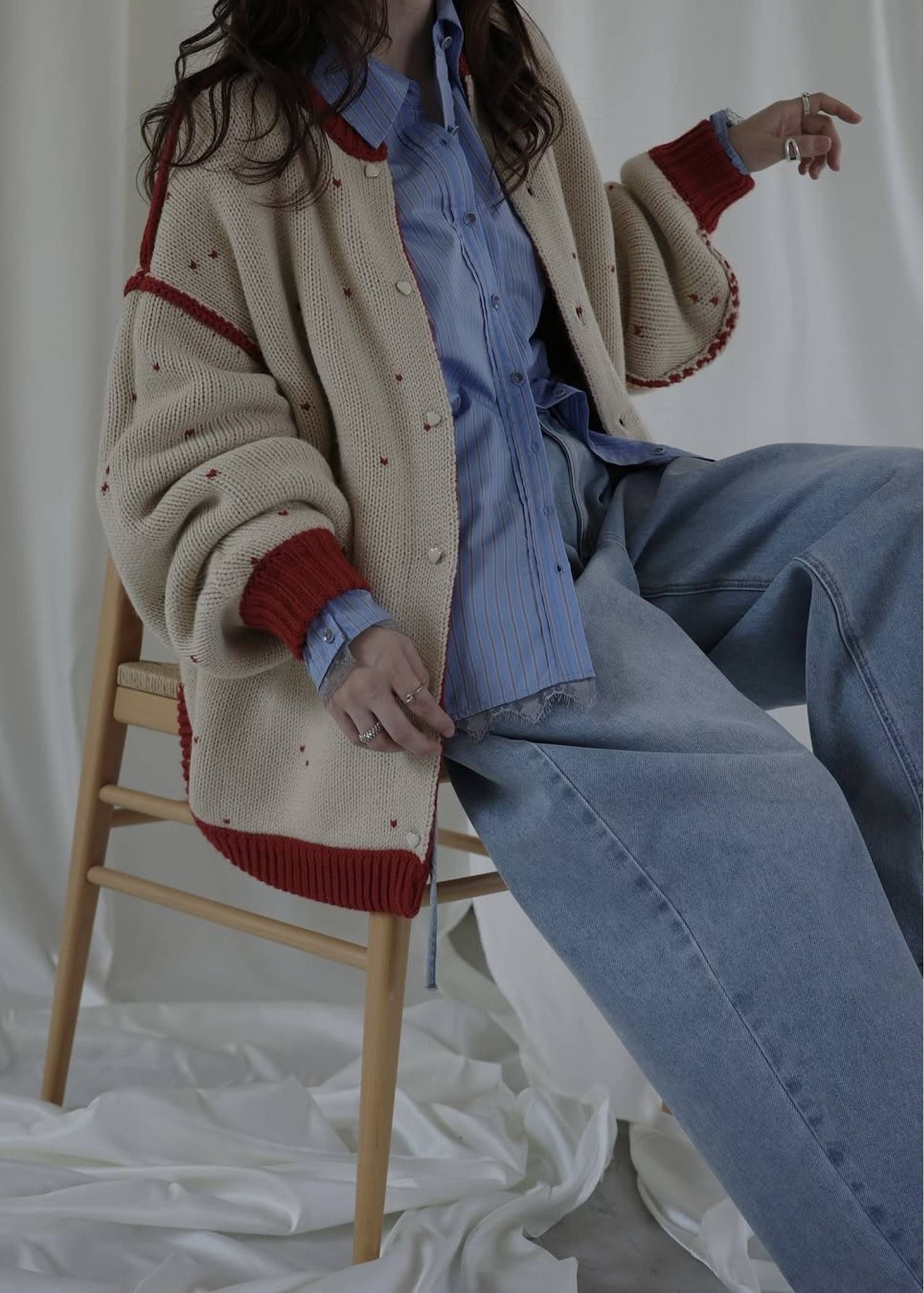 【ロング】ハートドット リバーシブルカーディガン (レッド×タン) long heart dot jacquard reversible knit cardigan (red×tan) /  26SS