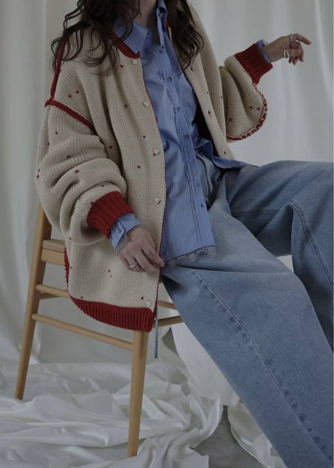 【ロング】ハートドット リバーシブルカーディガン (レッド×タン) long heart dot jacquard reversible knit cardigan (red×tan) /  26SS