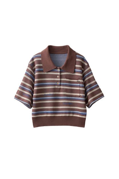 logo stripe polo knit / ロゴストライプ ニットポロシャツ ショート丈 (ブラウン) / 25SS