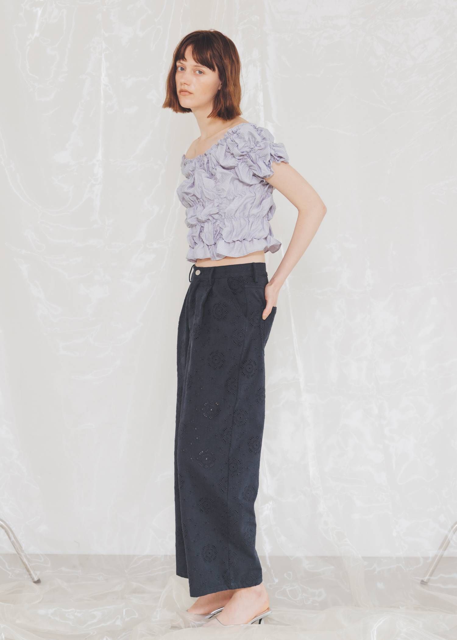 ホイップ ストライプトップス (ブルー) whip shirring stripe 2way tops (Blue) /  26SS