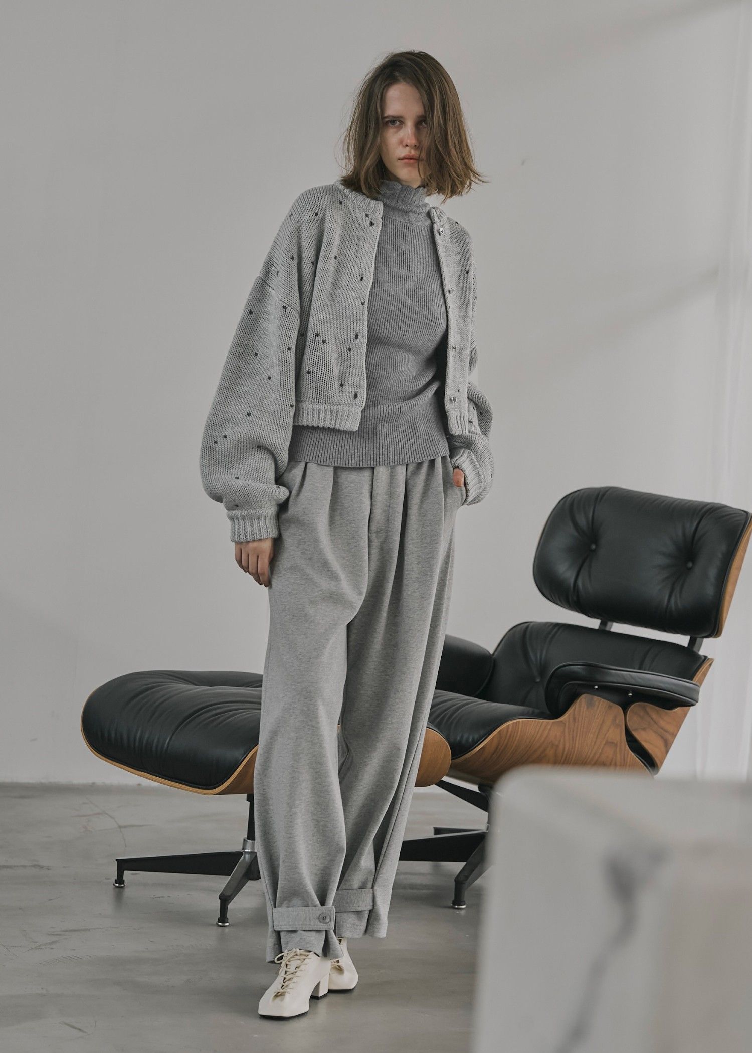 scallop high neck flare sleeve knit / ハイネックフレアスリーブニット (グレー) / 25AW /