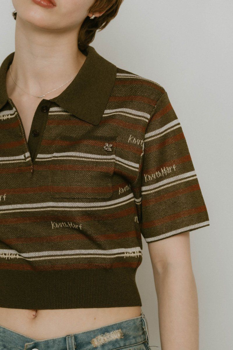 logo stripe polo knit / ロゴストライプ ニットポロシャツ ショート丈 (カーキ) / 25SS