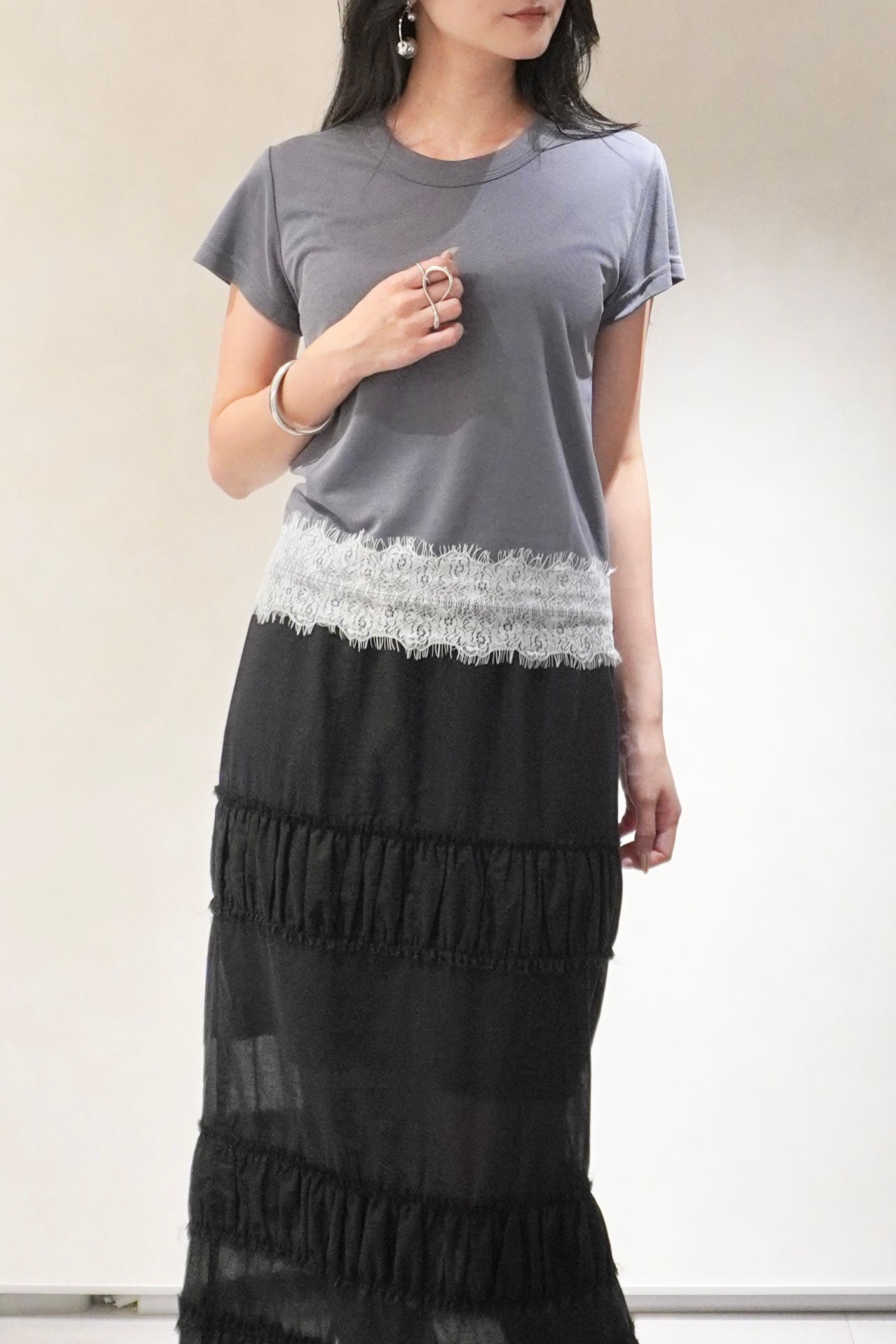レース コンパクトTシャツ (ブルー) hem scallop lace compact T-Shirt (Blue) /  26SS