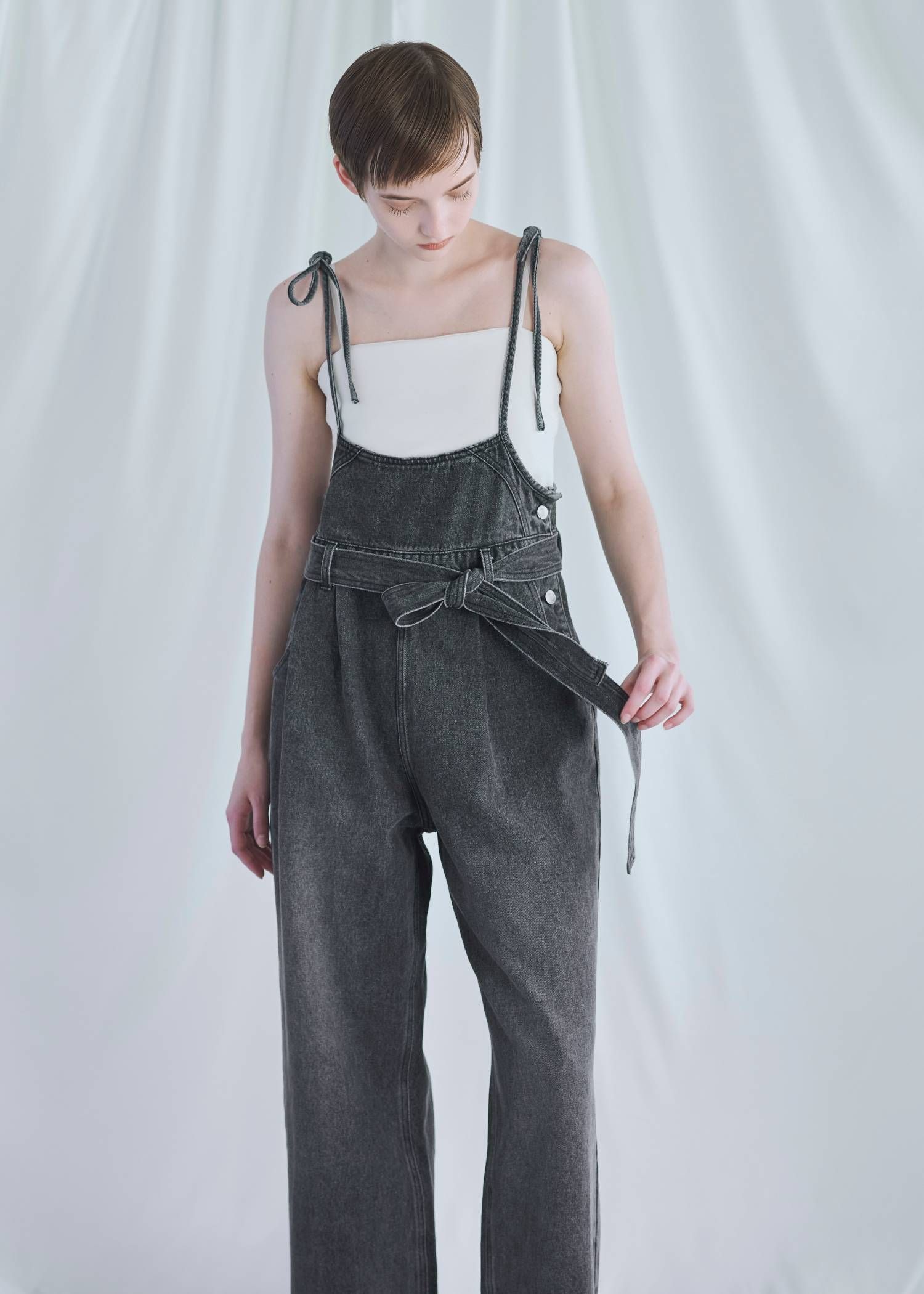 デニム リボンサロペット (ブラック) denim tapered ribbon salopette (Black) /  26SS