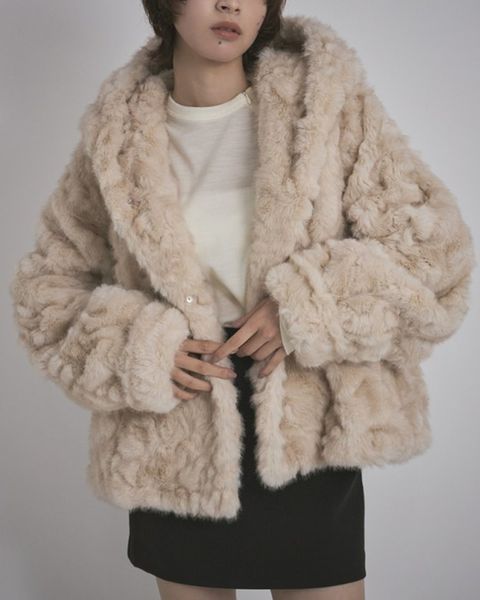 【先行予約】【26TH-07】ラビット調ファーフーディコート (クリーム) Rabbit Like Fur Hoodie Coat (Cream) /  エコファー  /  フェイクファー