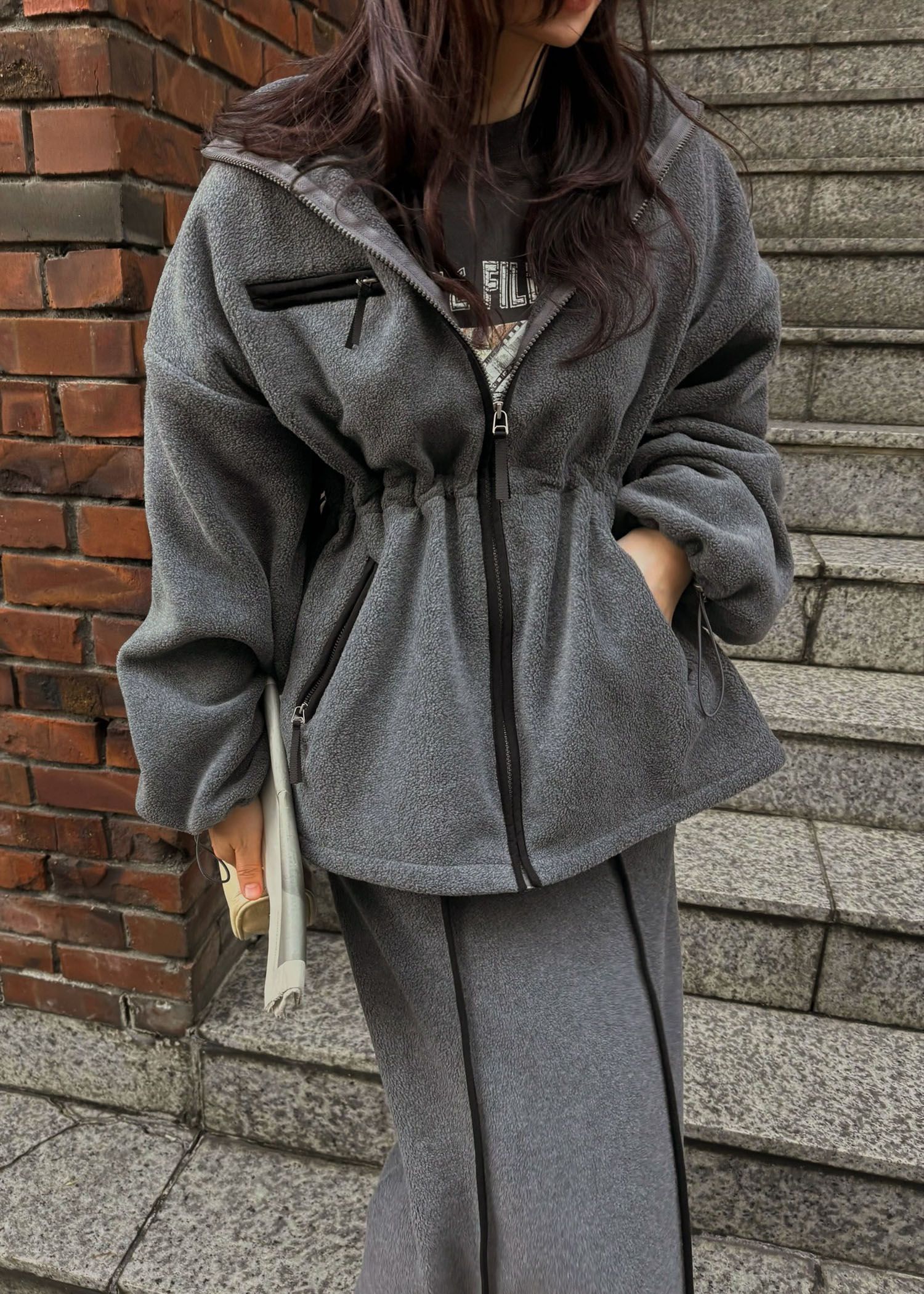 bi color piping fleece drawstring tops / バイカラー フリーストップス (チャコール) / 25AW /