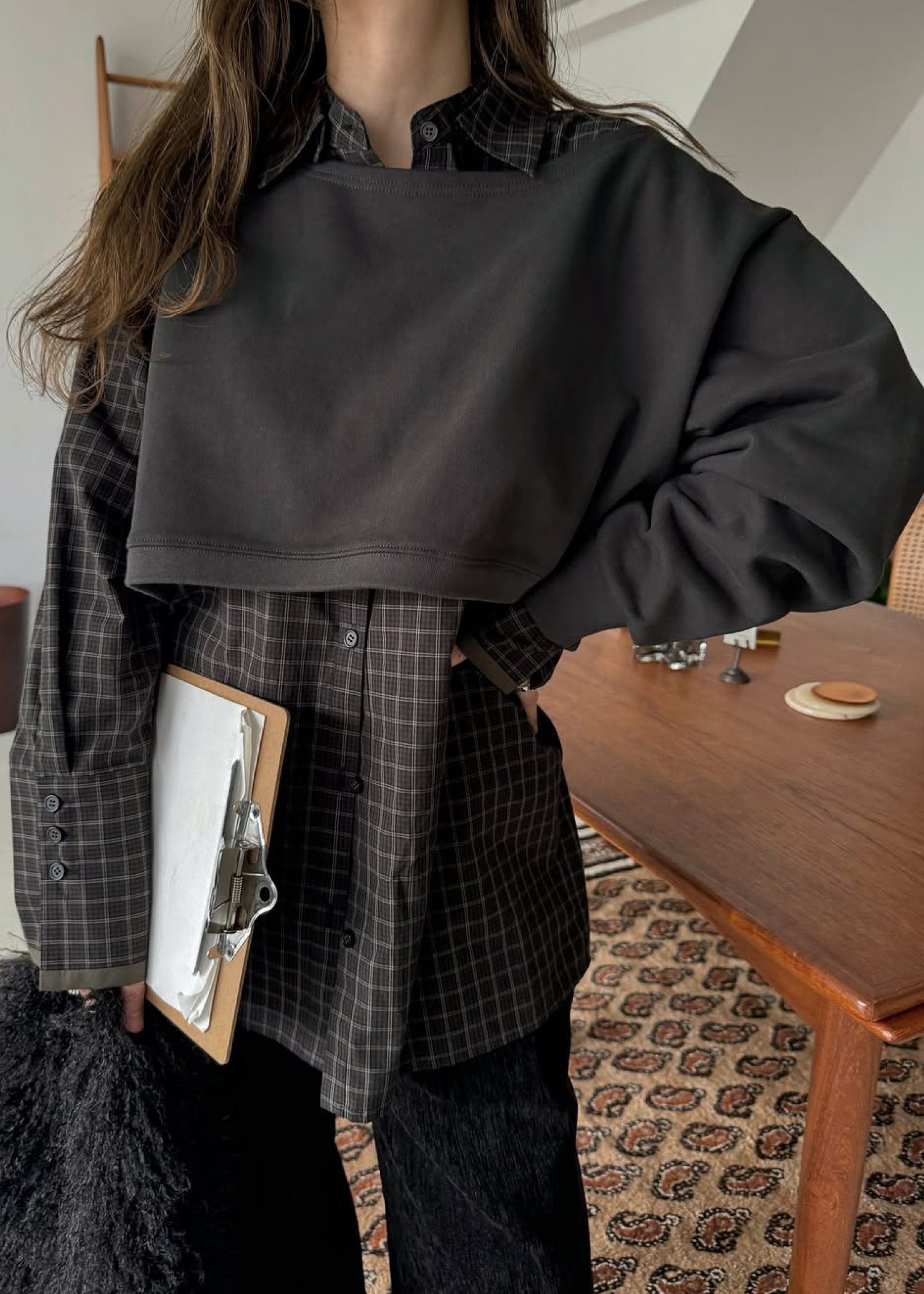 asymmetry 2 piece layered sweat / 2ピースレイヤードスウェット (ブラック) / 25AW /