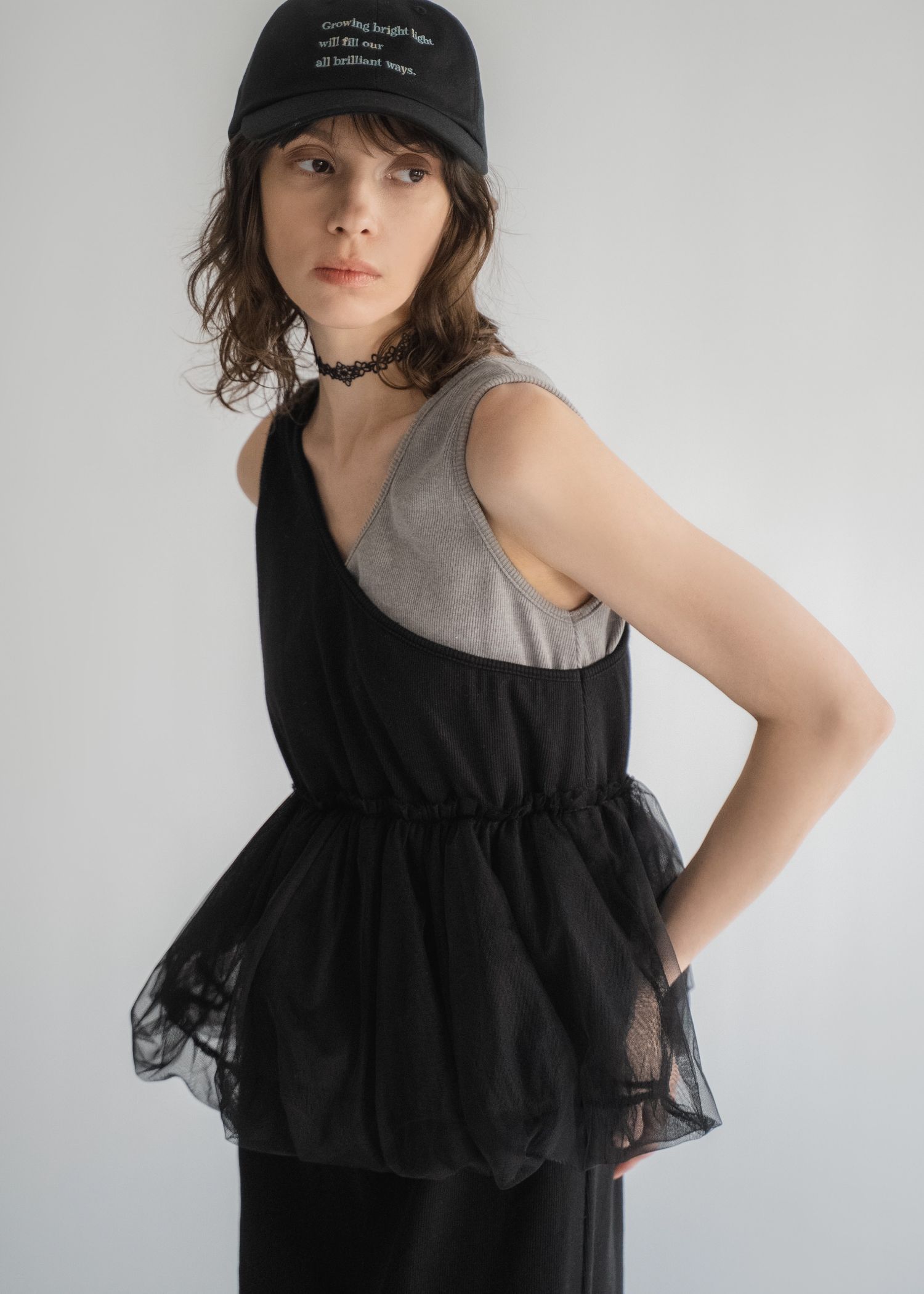 tulle peplum docking rib OP (Black) / チュールペプラムワンピース (オートミール) / 26SS