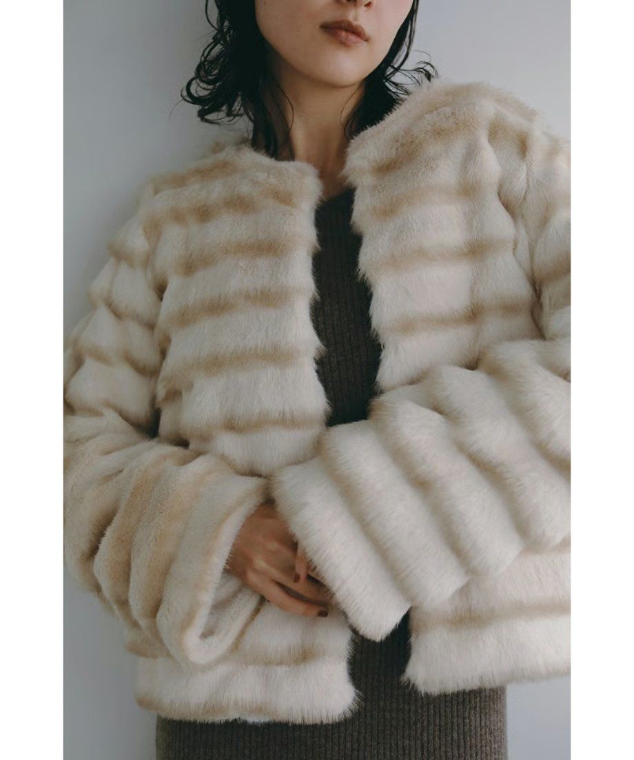 【25AW】Gradation Border Fur Jacket (アイボリー) / グラデーションボーダーファー ジャケット / エコファー / フェイクファー