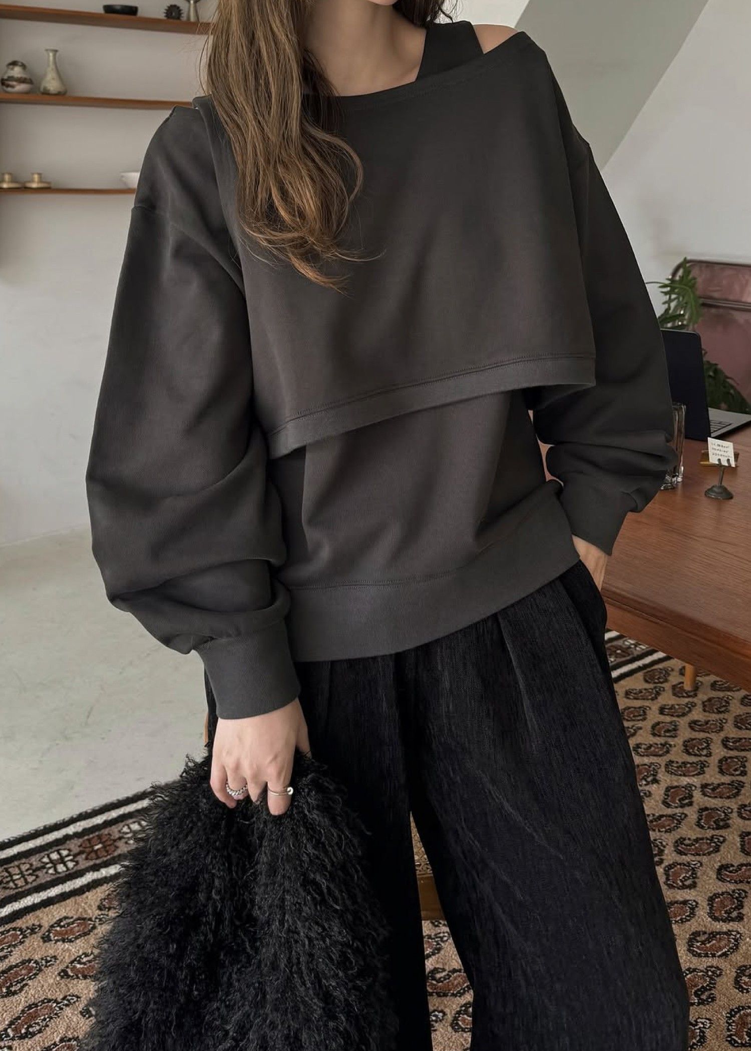 asymmetry 2 piece layered sweat / 2ピースレイヤードスウェット (ブラック) / 25AW /