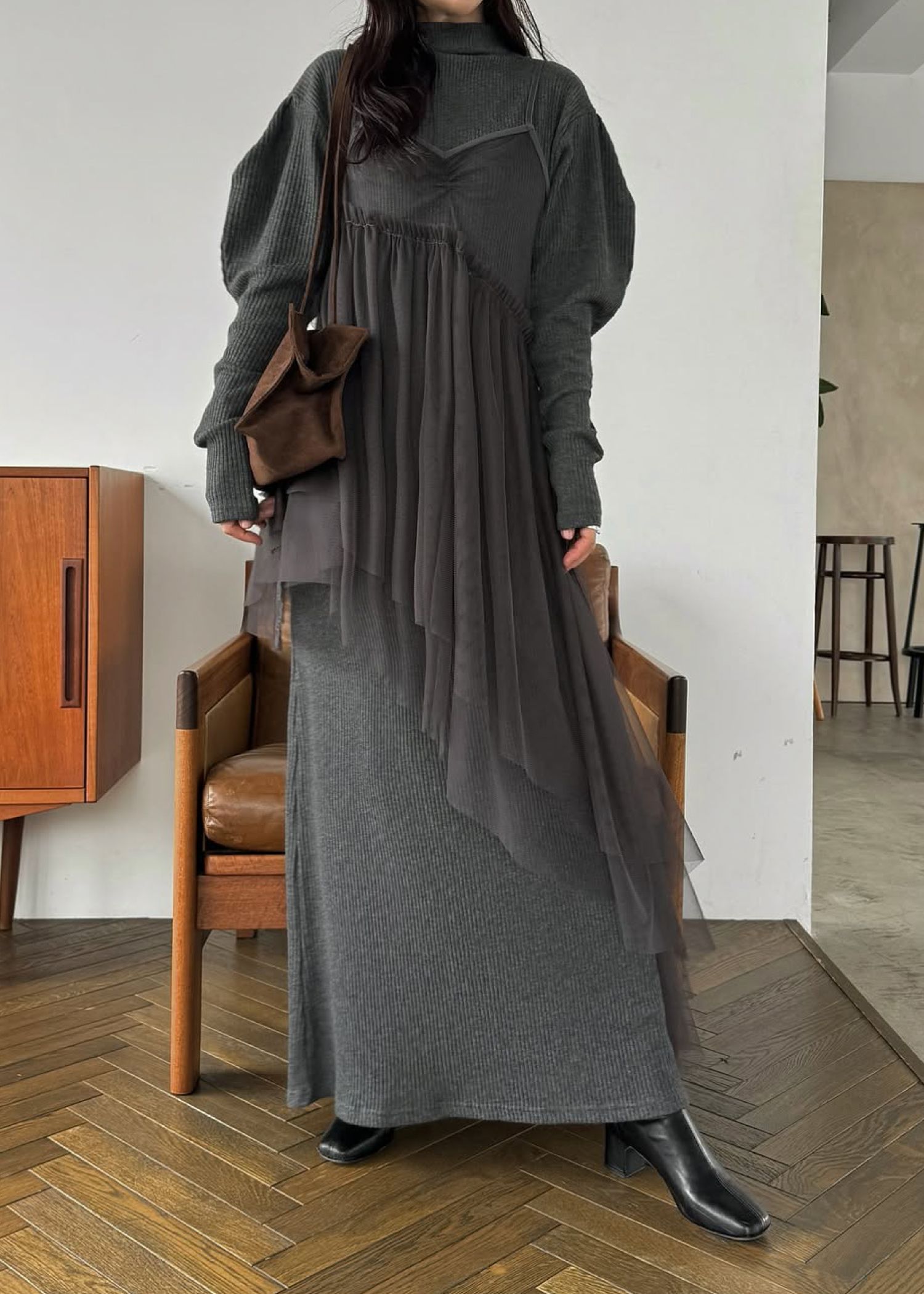 asymmetry layered tulle cami OP / アシンメトリー レイヤードチュールキャミワンピース (チャコール) / 25AW /