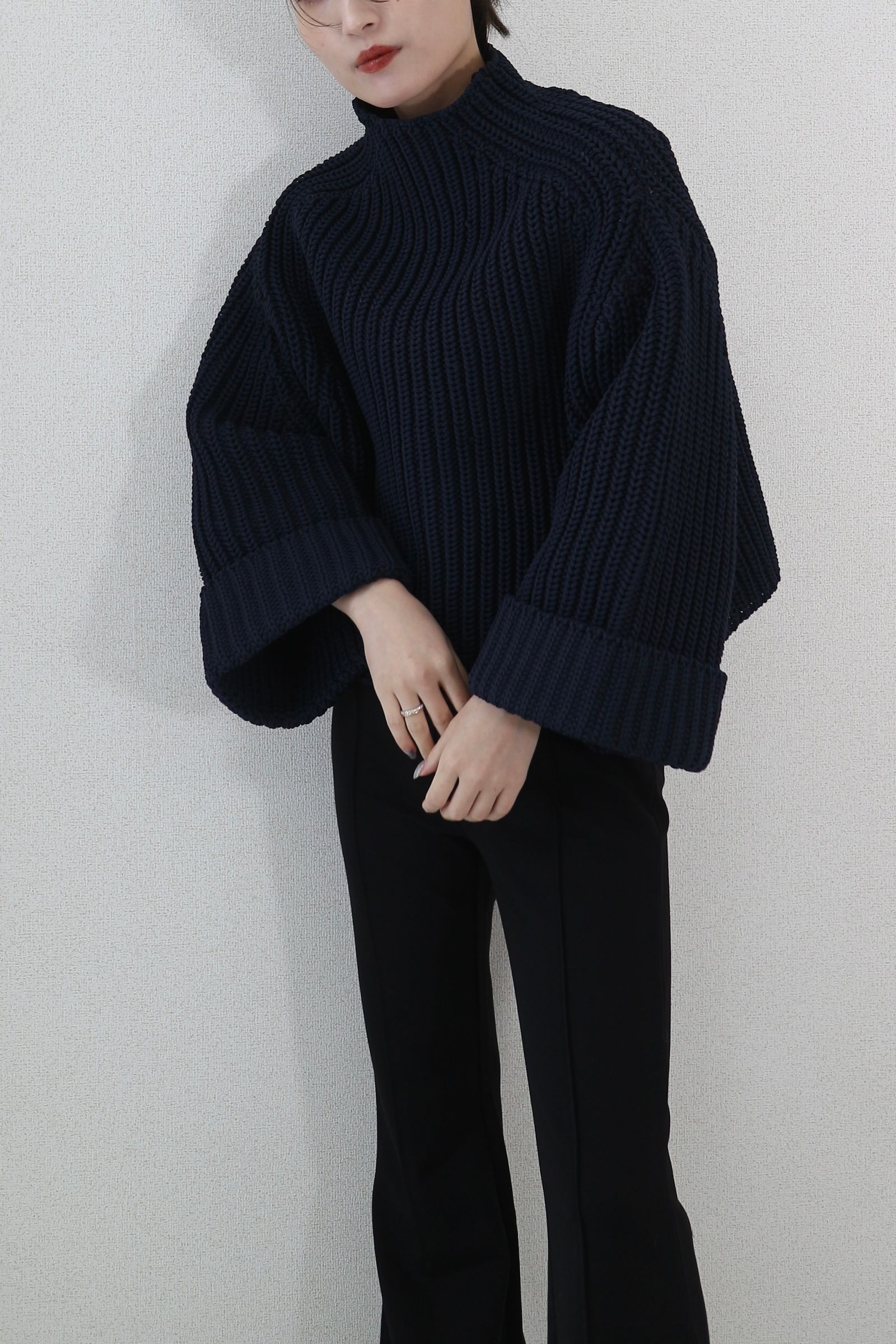 LOW GAUGE MOCK NECK KNIT TOPS / ローゲージモックネックニットトップス (ネイビー)
