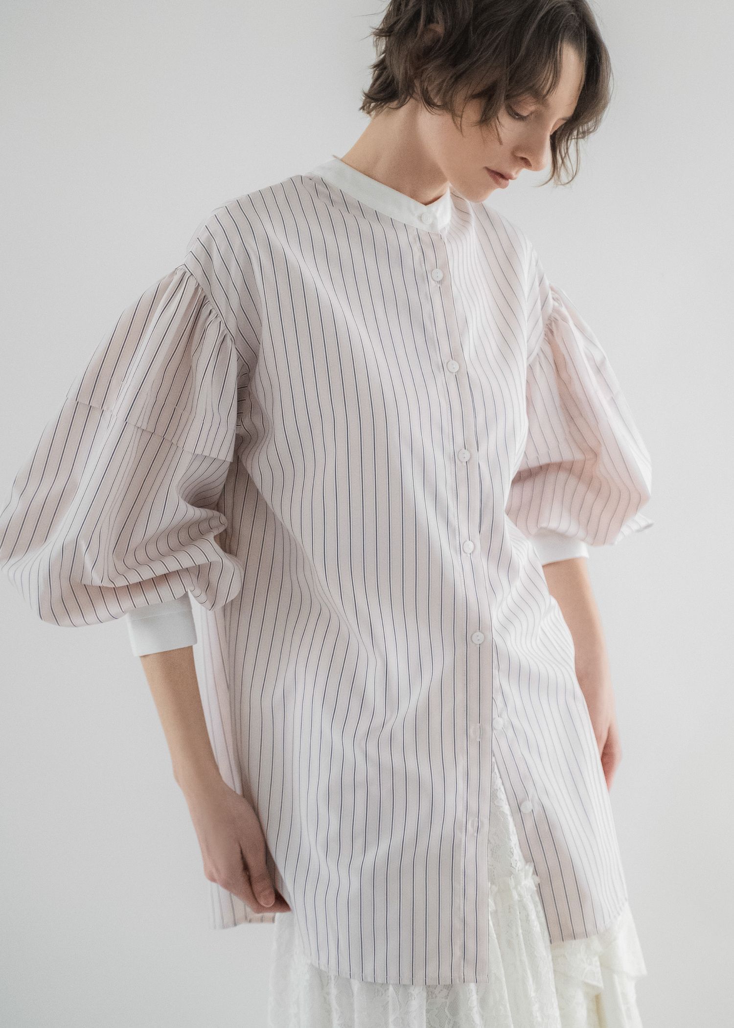 stripe balloon sleeve cleric BL / ストライプ バルーンスリーブ ブラウス (Baby pink) / 26SS