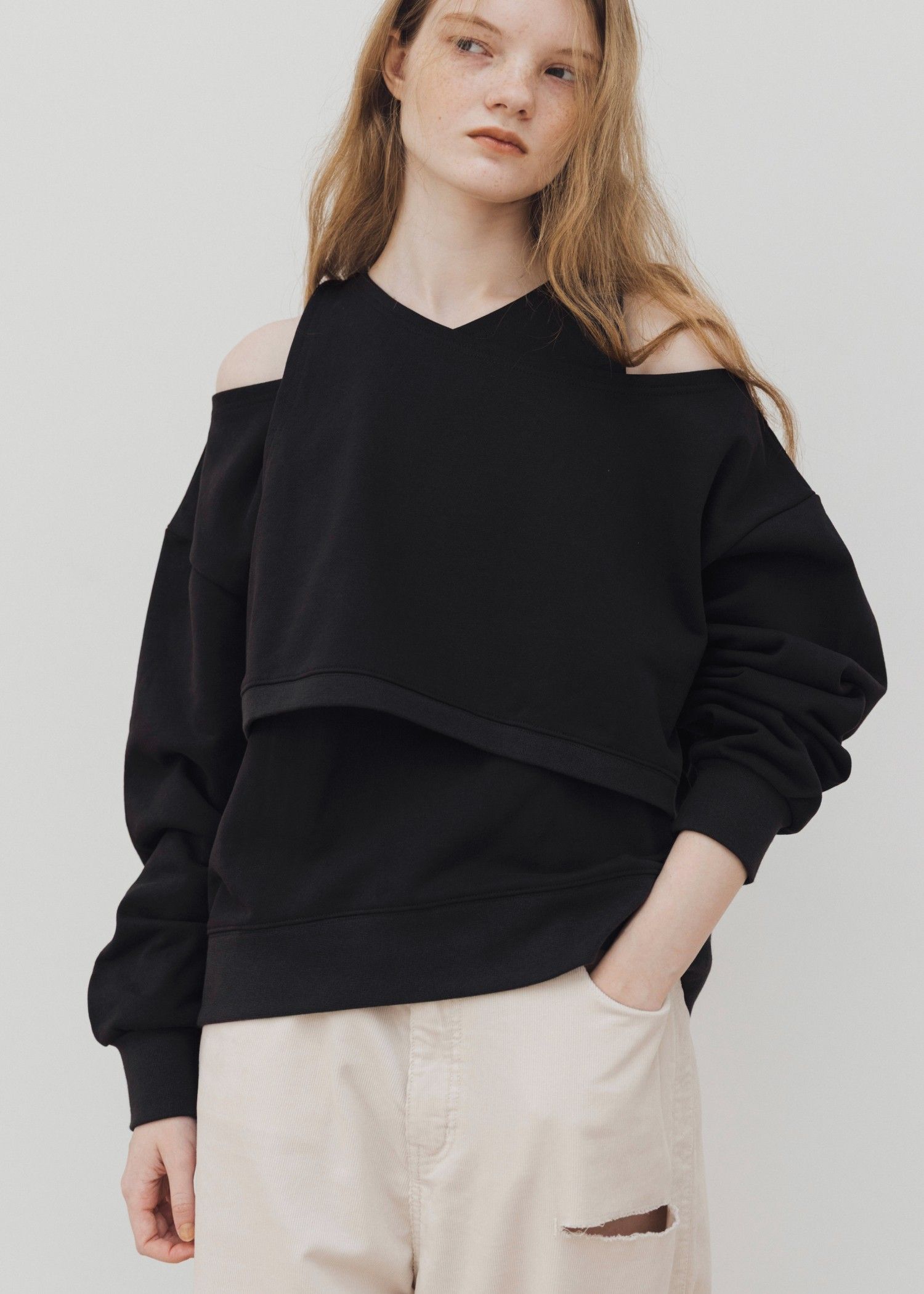 asymmetry 2 piece layered sweat / 2ピースレイヤードスウェット (ブラック) / 25AW /