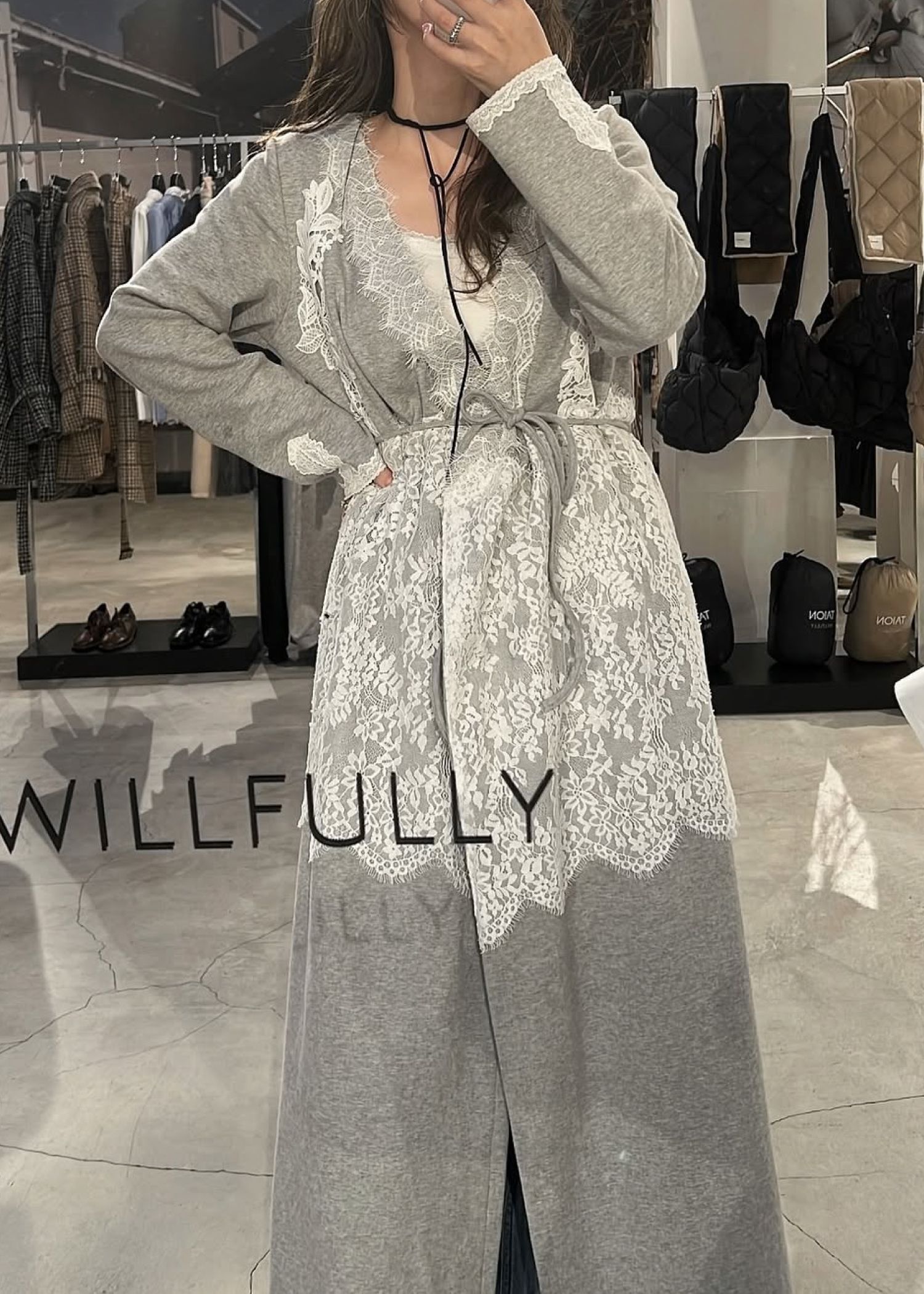 cachecoeur multi lace sweat OP / マルチレース スウェットワンピース (グレー) / 25AW