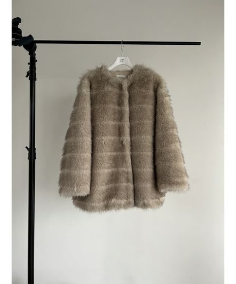 【25AW】Border Fur Coat (グレージュ) / ボーダーファーコート / エコファー / フェイクファー