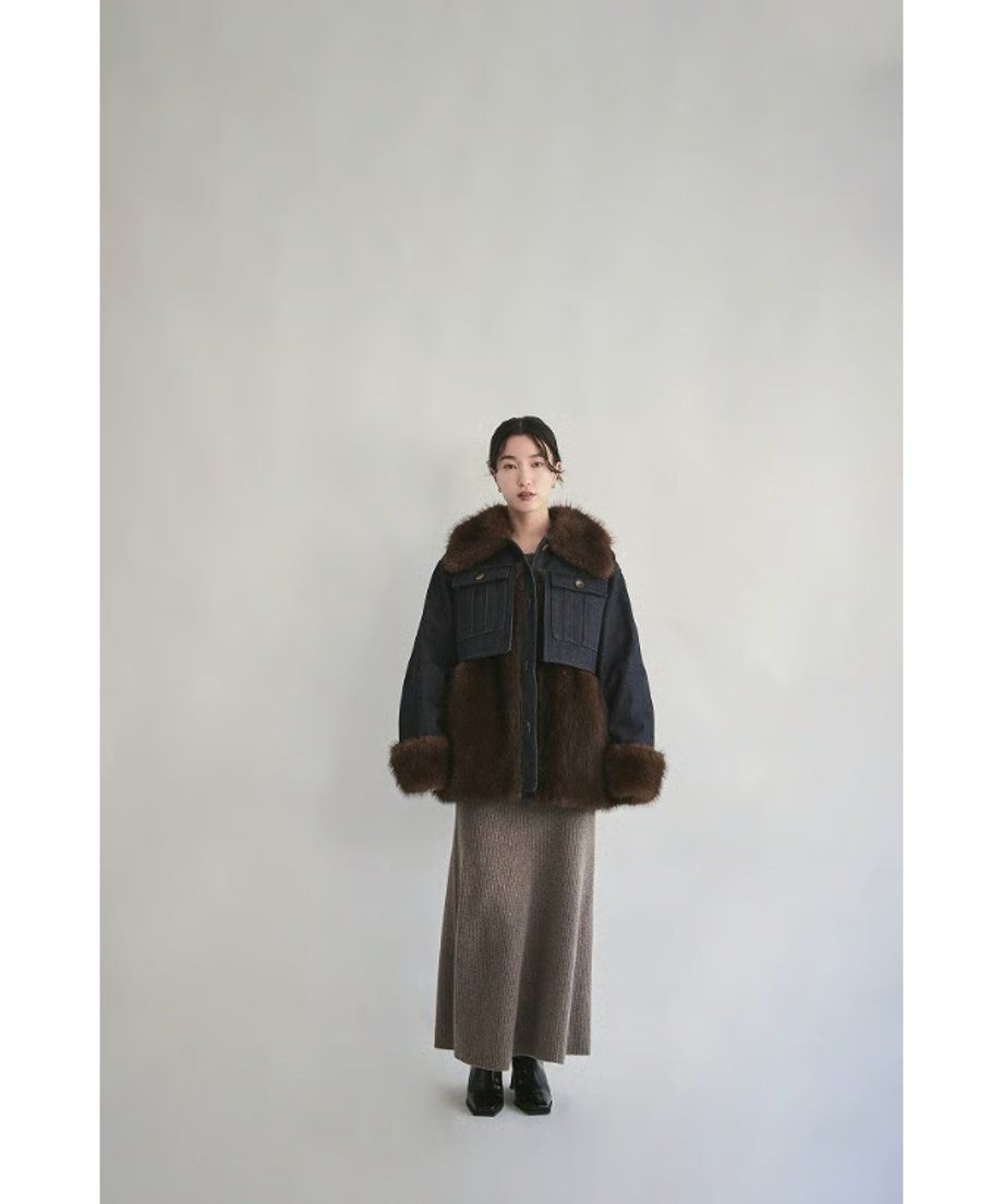【25AW】Denim Docking Fur Jacket (ダークネイビー) / デニムドッキングファージャケット / エコファー / フェイクファー