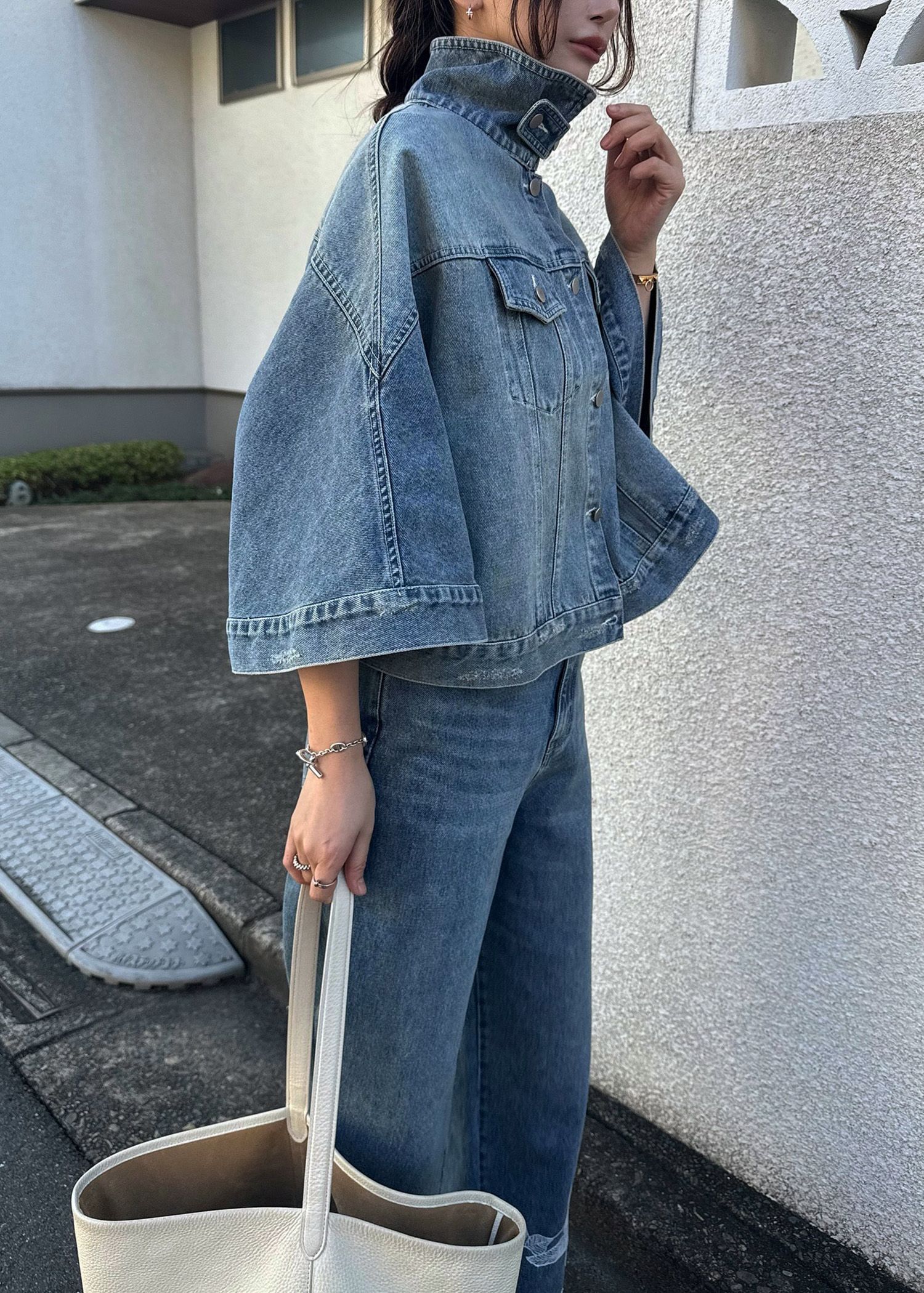 trucker detail denim poncho JK / トラッカー ポンチョ デニムジャケット (L/blue) / 26SS