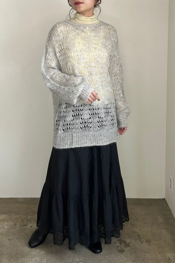 MOHAIR WOOL CROCHET KNIT PULLOVER / モヘアウールクロシェニットプルオーバー (グレー)オーバーサイズ