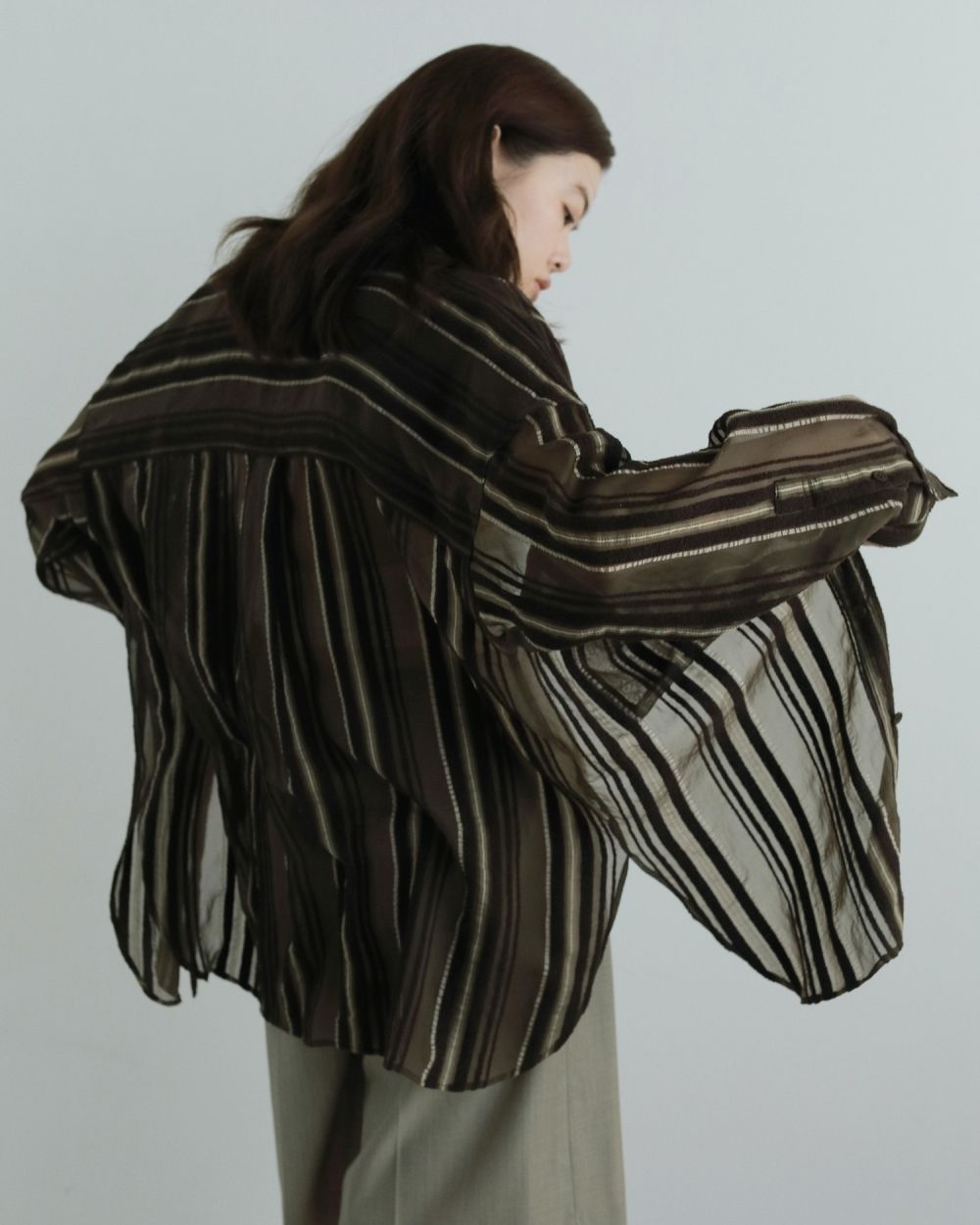 Sheer Stripe Shirts / シアーストライプシャツ (ブラウン)