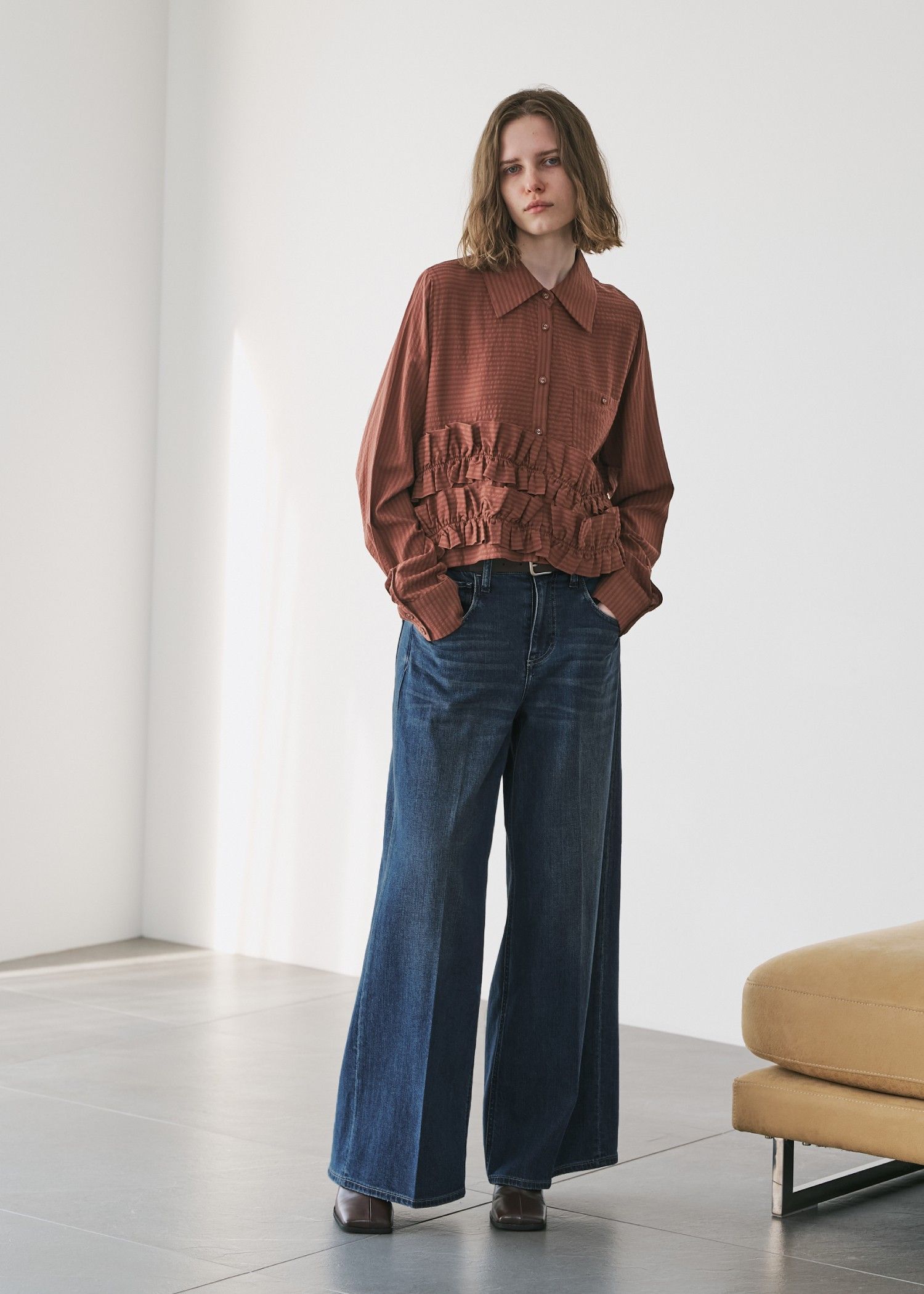 【Healthy DENIM × WILLFULLY】"Harmonia" waist frill wide denim PT / ヘルシーデニムコラボ フリルワイドデニムパンツ (ブルー) / 25AW /