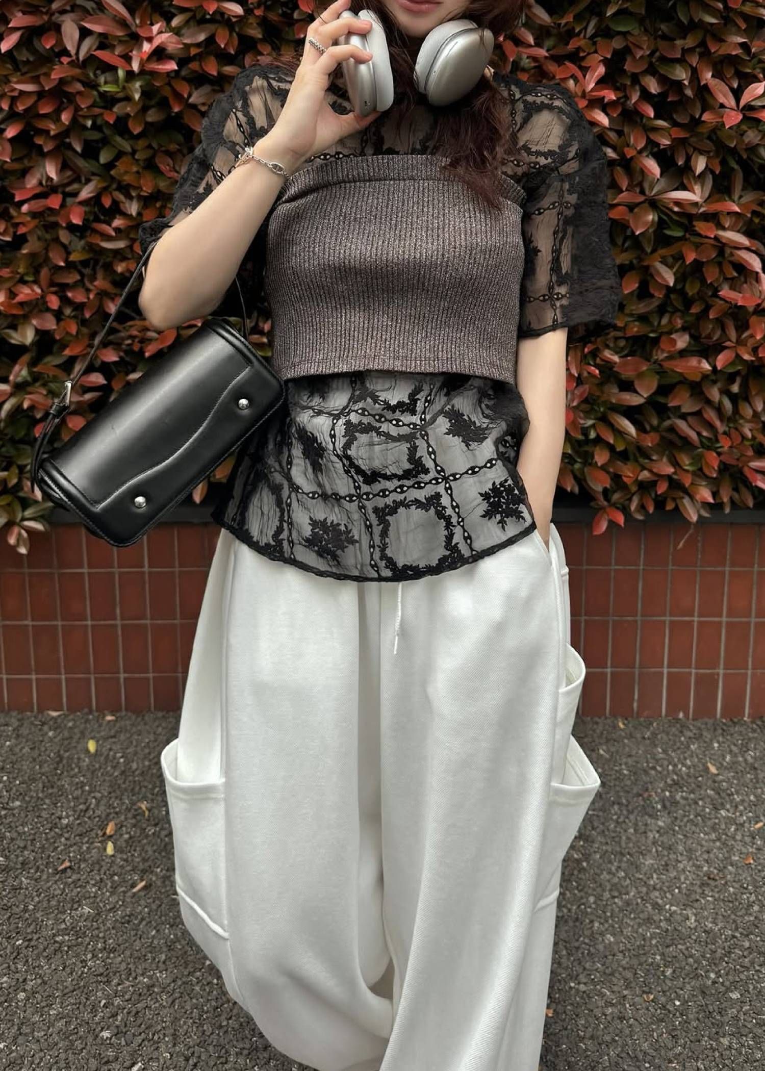 レースビッグTシャツ & リブトップス セット (Black) square lace big tee & rib tops SET (ブラック) /  26SS