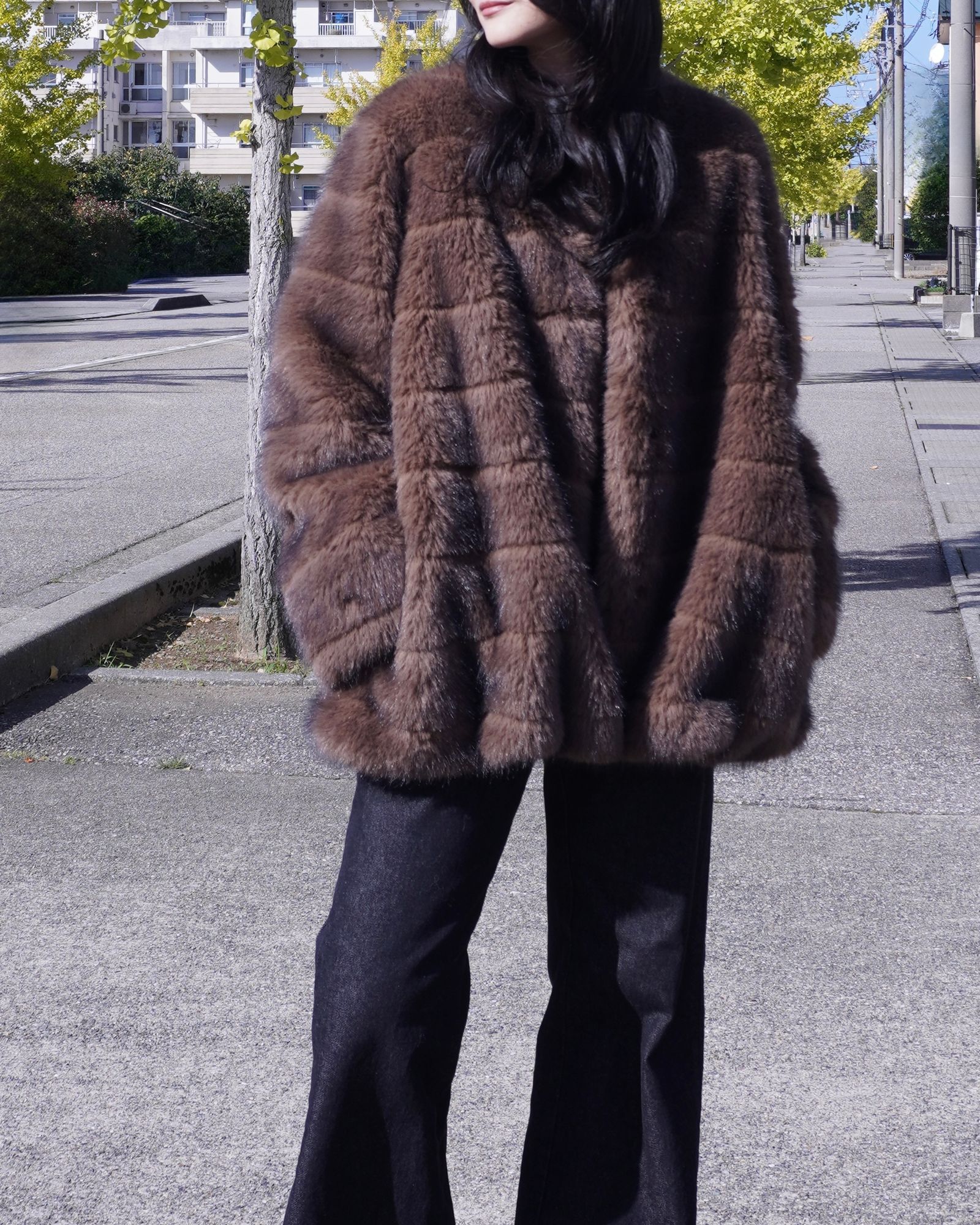 【25AW】Border Fur Coat (ブラウン) / ボーダーファーコート / エコファー / フェイクファー