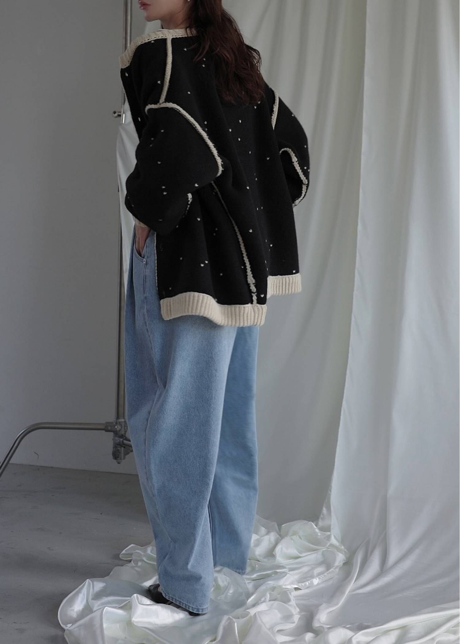 【ロング】ハートドット リバーシブルカーディガン (タン×ブラック) long heart dot jacquard reversible knit cardigan (tan×black) /  26SS