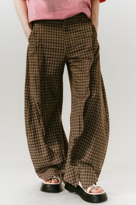 スリット ディフォームド パンツ (チェックブラウン) slit deformed pants(unisex)