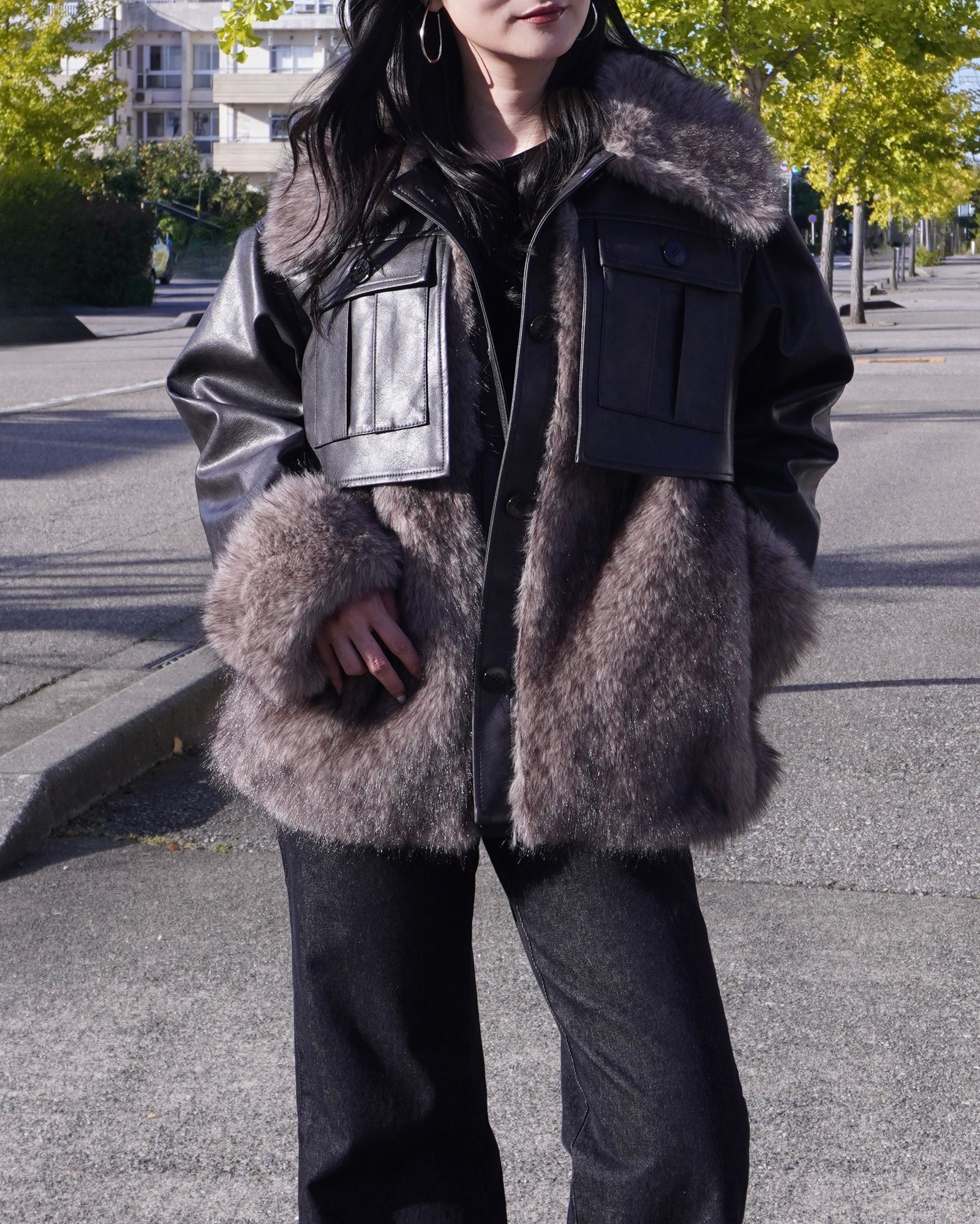 【25AW】Leather Docking Fur Jacket (ブラック) / レザードッキングファージャケット / エコファー / フェイクファー