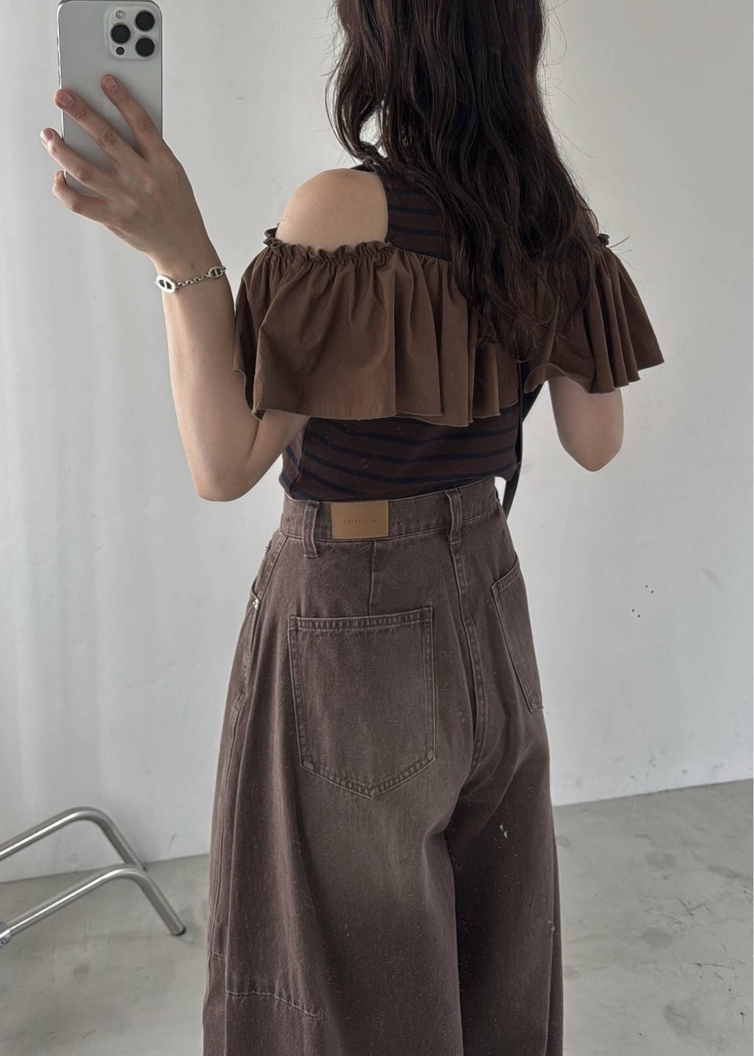 ショルダーフリル ボーダートップス (ブラウン) convertible shoulder frill border tops (Brown) /  26SS