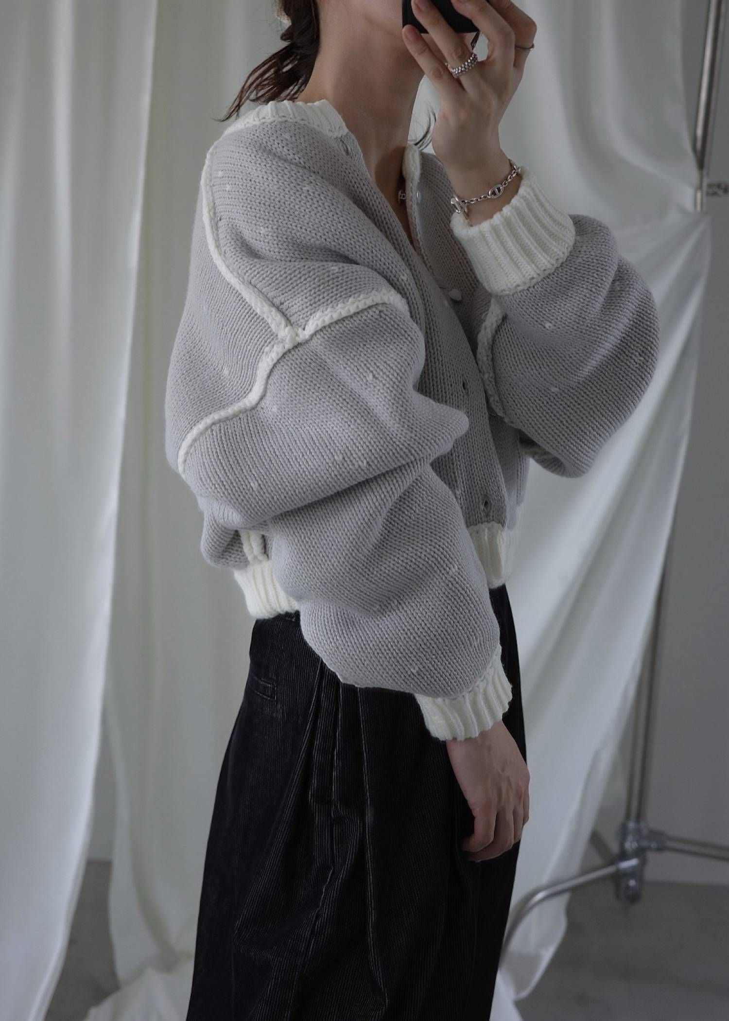 【ショート】ハートドット リバーシブルカーディガン (アイボリー×アイス) short heart dot jacquard reversible knit cardigan (ivory×ice) /  26SS