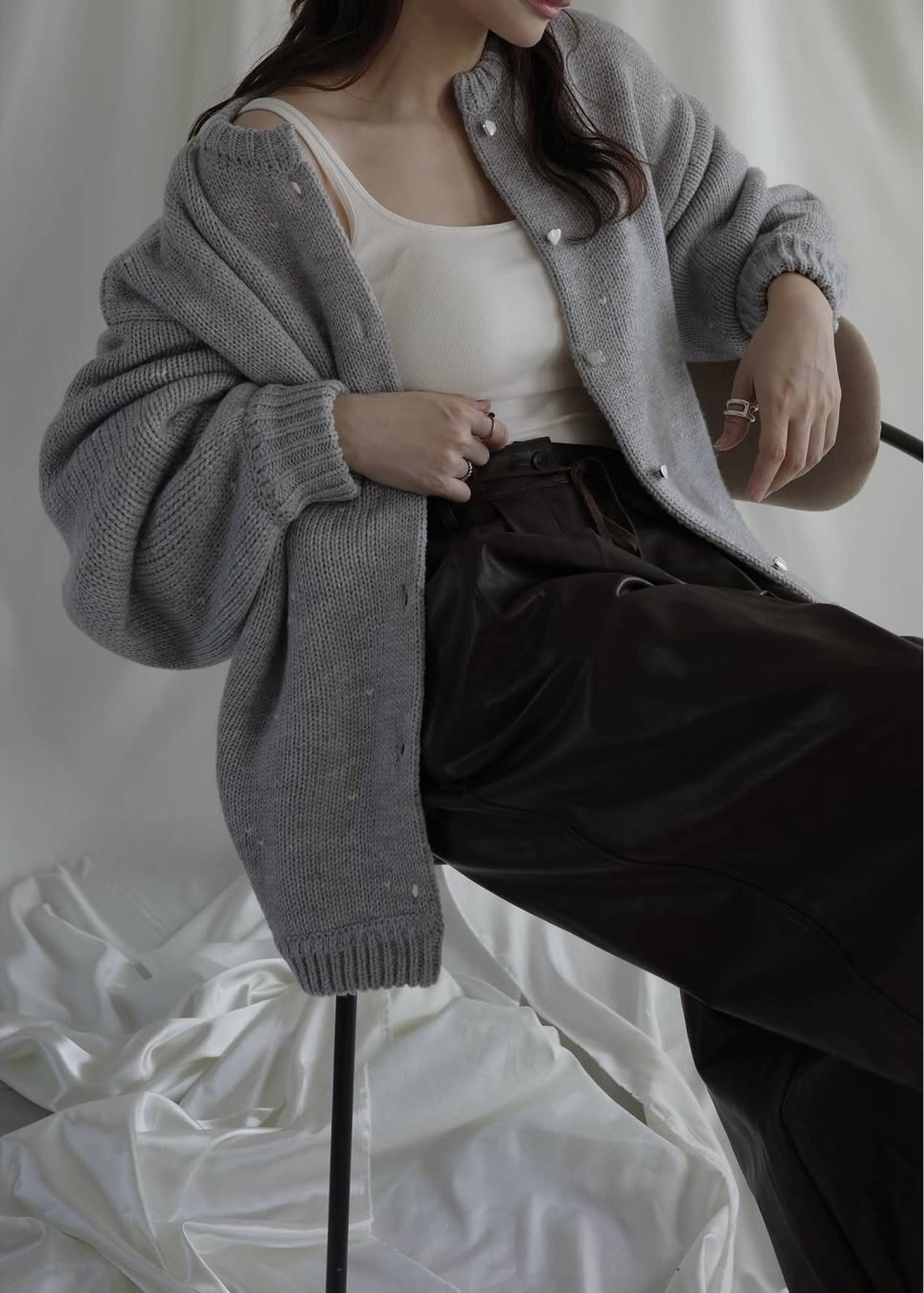 【ロング】ハートドット リバーシブルカーディガン (グレー×ベビーピンク) long heart dot jacquard reversible knit cardigan (gray×baby pink) /  26SS