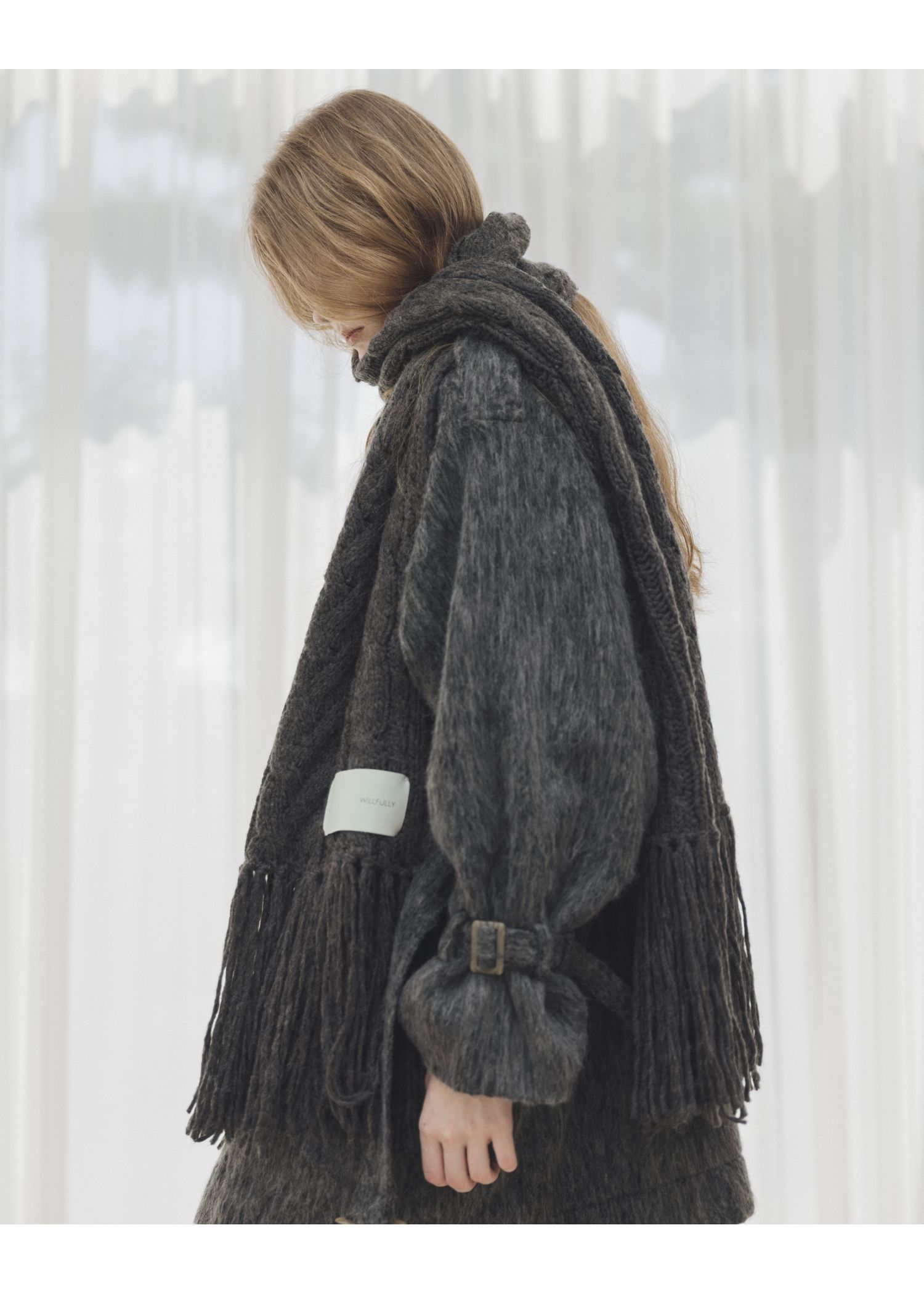 coarse knit cable fringe muffler / フリンジケーブルニットマフラー (チャコール) / 25AW