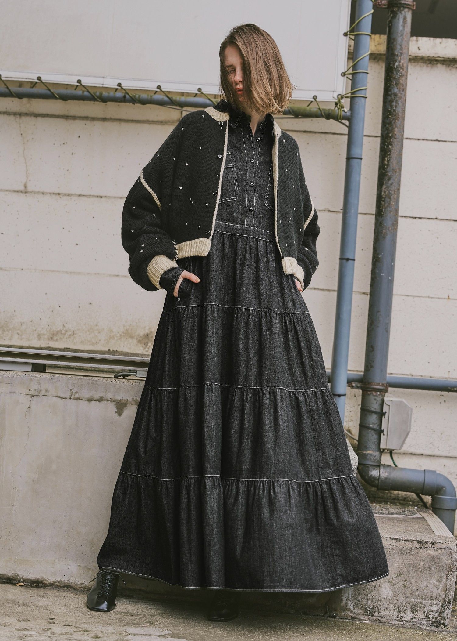 【Healthy DENIM × WILLFULLY】"Aphrodite" tiered denim shirt OP / ヘルシーデニムコラボ デニムシャツワンピース (ブラック) / 25AW /