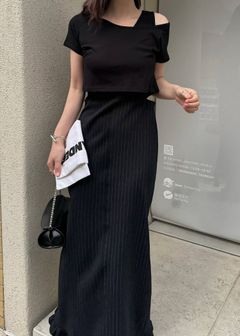 レイヤード3ピース ワンピース (ブラック) asymmetry layered 3 piece stripe OP (Black) /  26SS