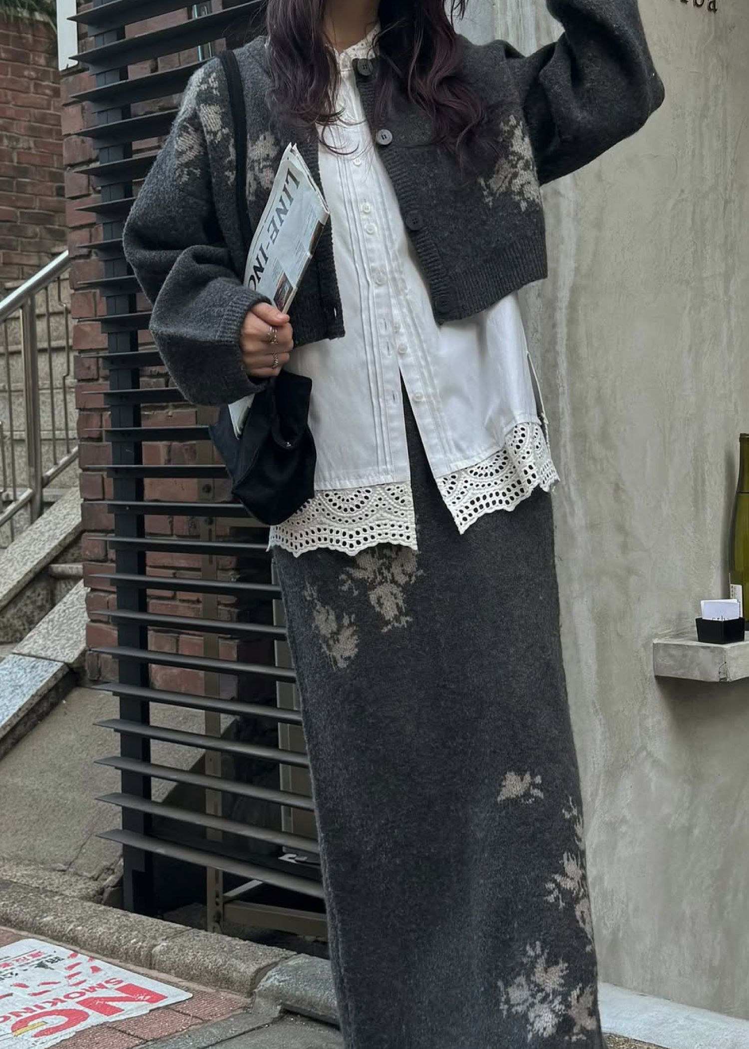 flower jacquard pencil knit SK / フラワージャガード ペンシルニットスカート (チャコール) / 25AW /