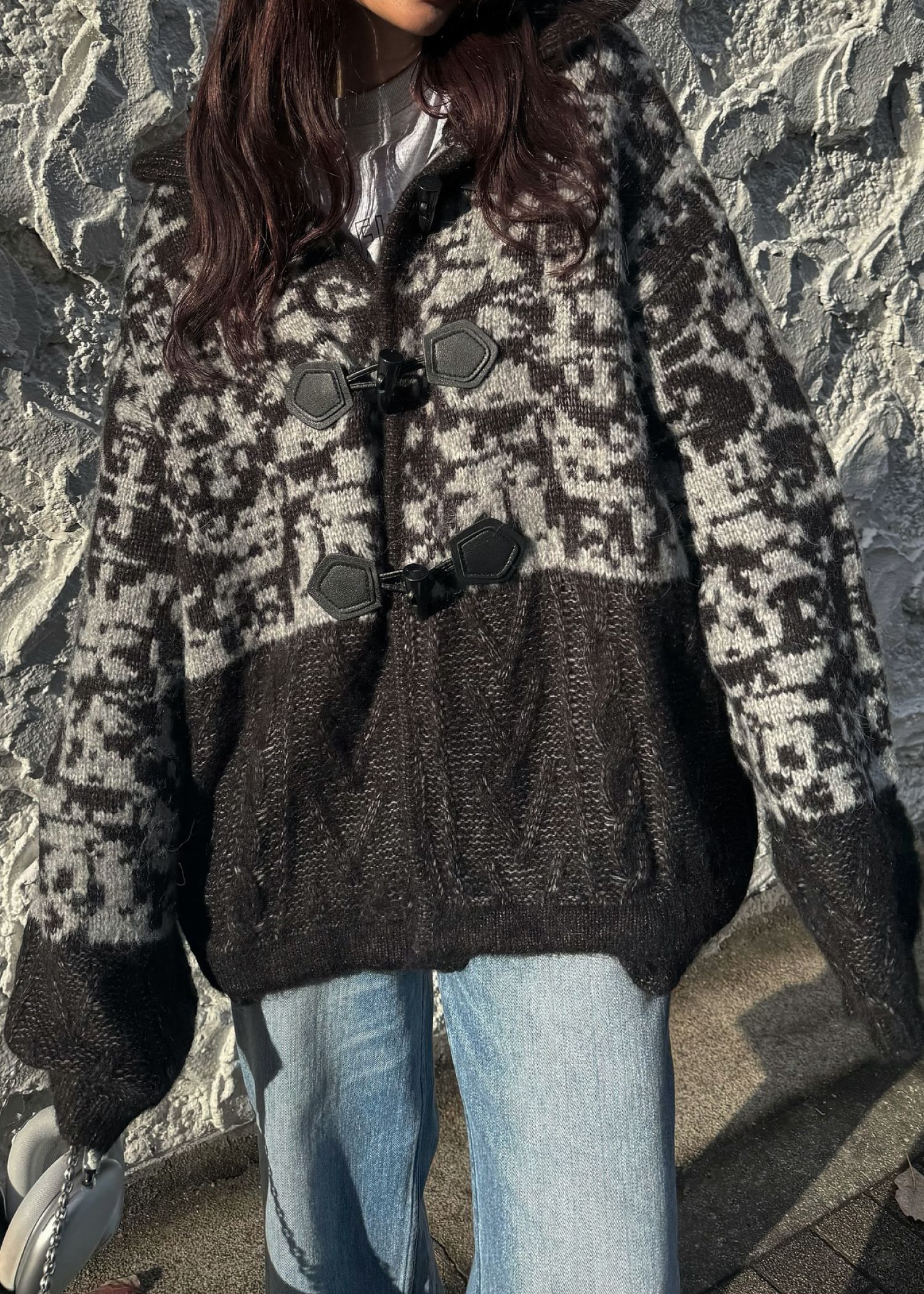 jacquard & cable placement toggle knit / ジャガード ケーブルトグルニット (チャコール) / 25AW /