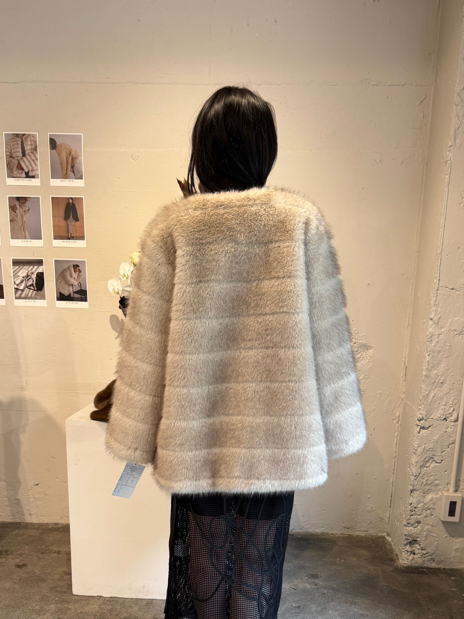 【25AW】Border Fur Coat (グレージュ) / ボーダーファーコート / エコファー / フェイクファー