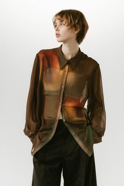 フラワープリントシアーシャツ (ブラウン) flower print sheer shirt