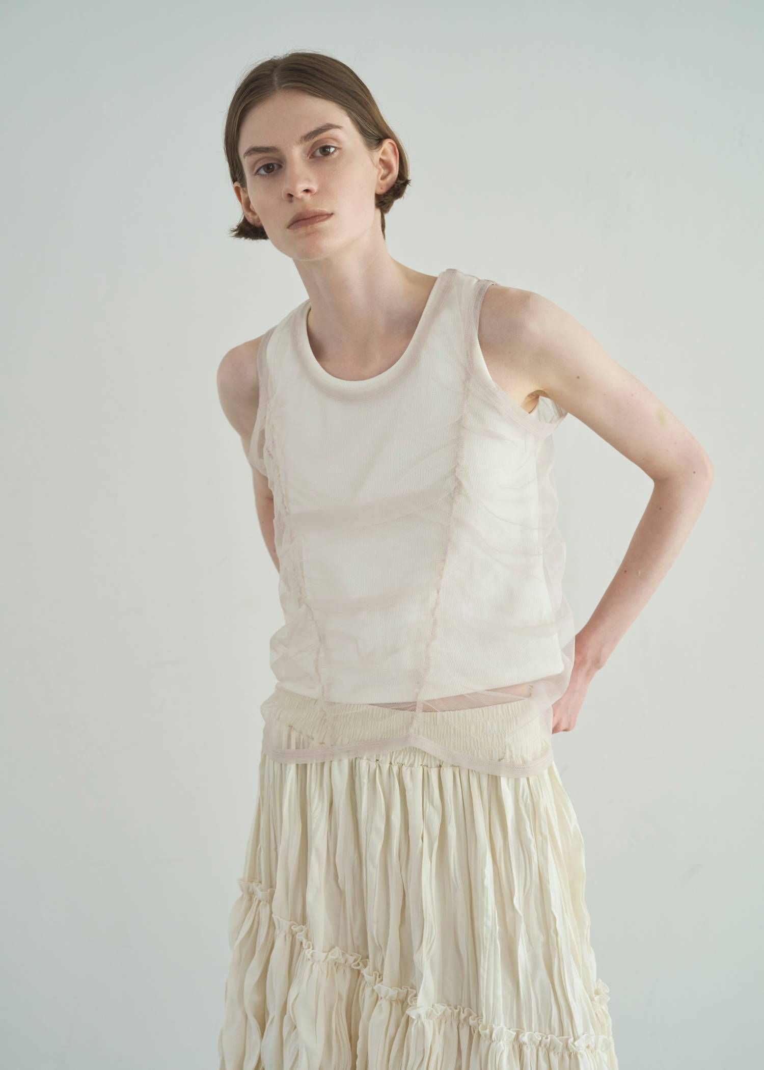 チュールリブタンク (ホワイト) gather tulle layered rib tank (White) /  26SS