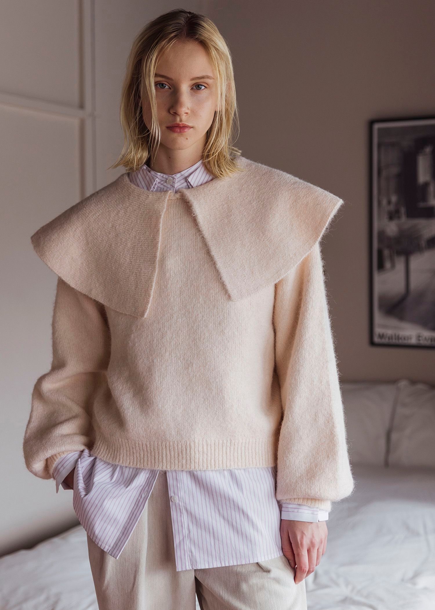 overlay big collar volume sleeve knit / ビッグカラー ボリュームスリーブニット (ベビーピンク) / 25AW /